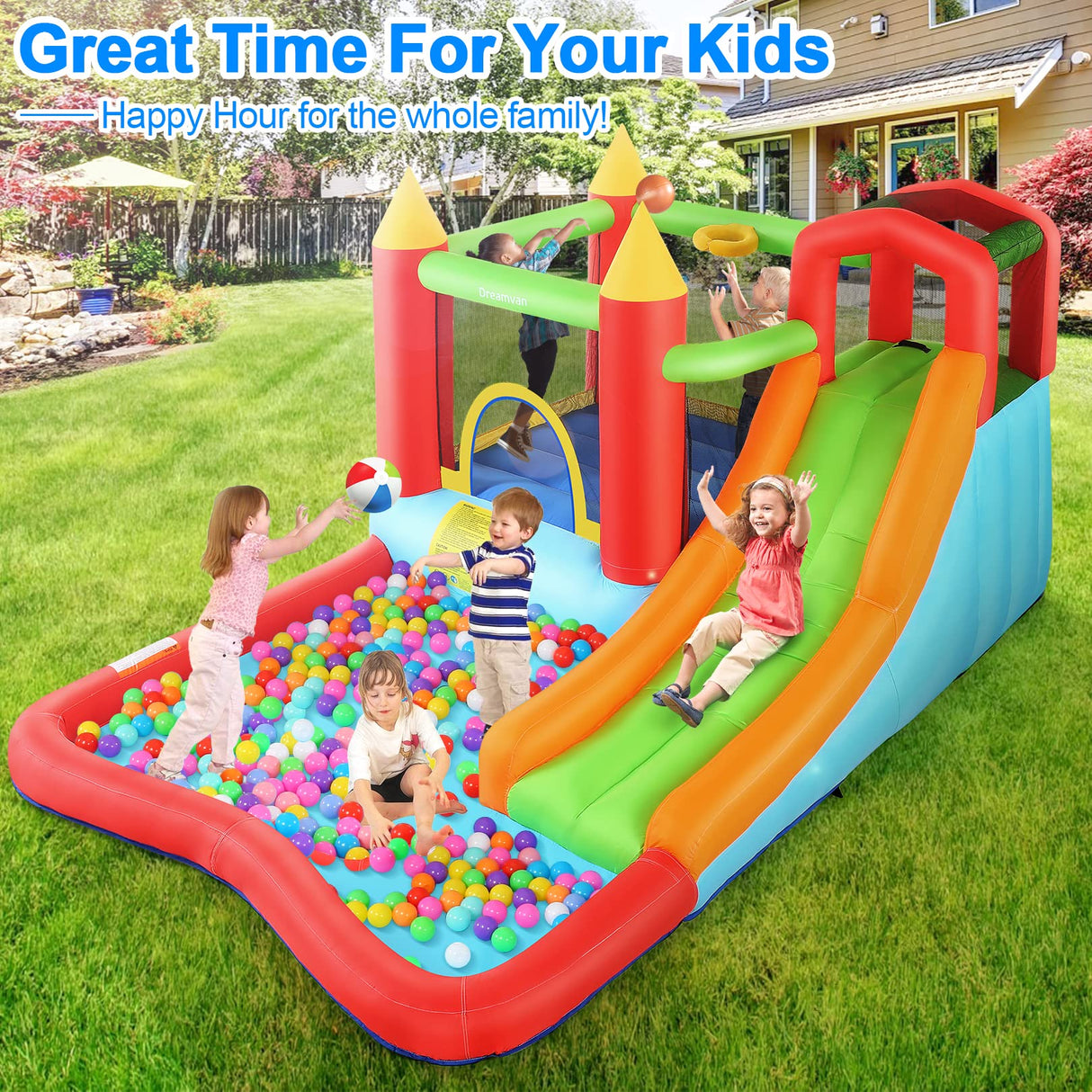 HYPOAI Bounce House,Inflatable Bounce Castle with Blower for Kids 3-12,Outdoor/Indoor Bouncy House Water Park for Backyard with Splash Slide,Climbing Wall,Ball Pit,Jumping Area (146" x 103" x 73") HYPOAI
