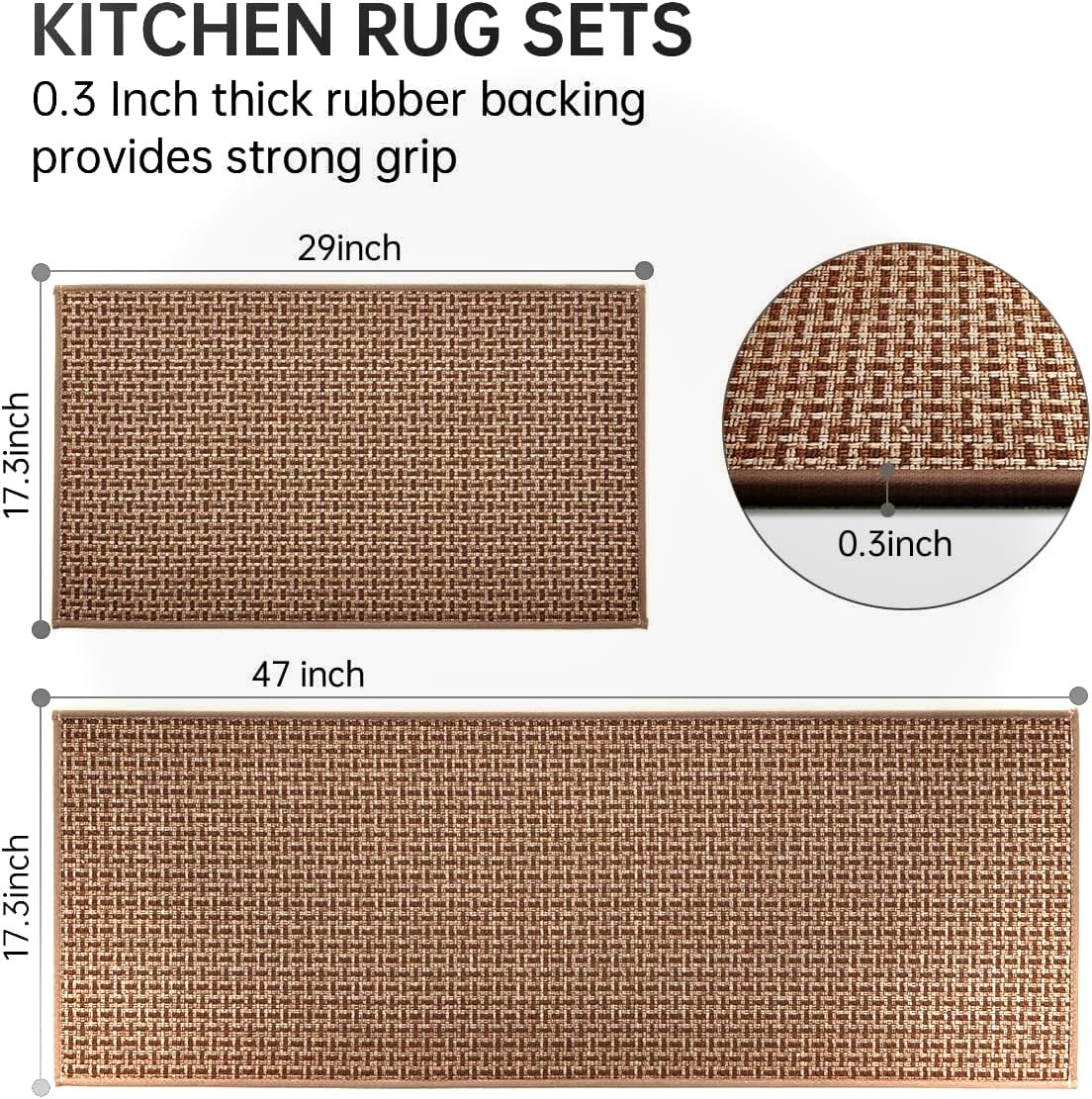 eqivei Kitchen Rugs and Mats Non Skid Washable Set of 2 PCS, Absorbent Runner Rugs for Kitchen, Farmhouse Weave Floor Mats in Front of Sink, 17.3"x 47"+17.3"x 29" (Brown) eqivei