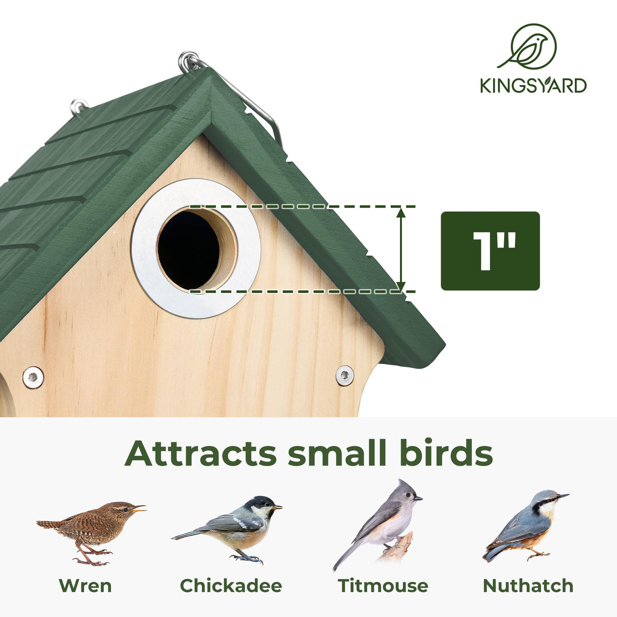 Kingsyard Wooden Bird House with Predator Guard, Wren Bird Nesting for Outdoor, Garden Patio Nest Box for Wild Bird Watching, Green Kingsyard