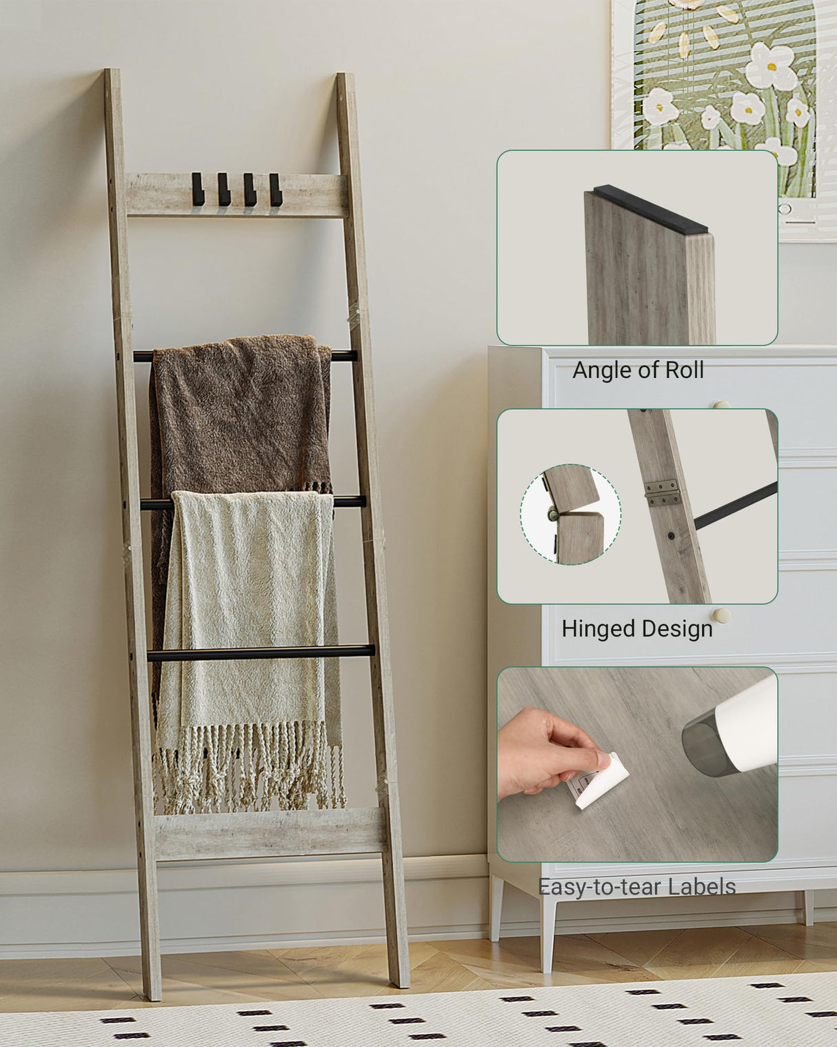 Hzuaneri Blanket Ladder Shelf for Living Room, Decorative Quilt Rack with 4 Removable Hooks, 5-Tier Farmhouse Ladder Holder Organizer for Bedroom, Greige and Black BR02105B Hzuaneri