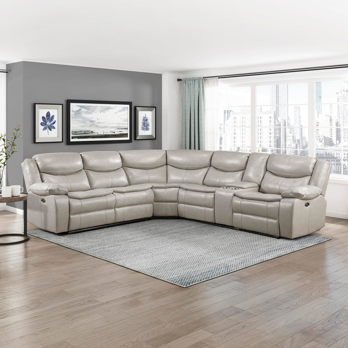 Lexicon L-Shaped Power Reclining Sectional Couch, Faux Leather Reclining Sectional Sofa, 3 Recliners, Wall Hugger, Right Storage Console, Cup Holders, Receptacles, Charging Ports, Silver Gray Lexicon