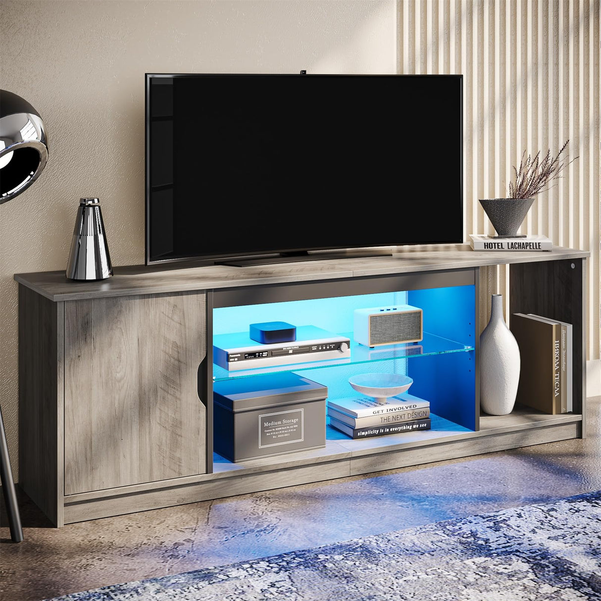 Bestier LED TV Stand for PS5,Modern Gaming Entertainment Center with Cabinet for 60/65 Inch TV, TV Console with Adjustable Glass Shelf for Living Room Bedroom Grey Bestier