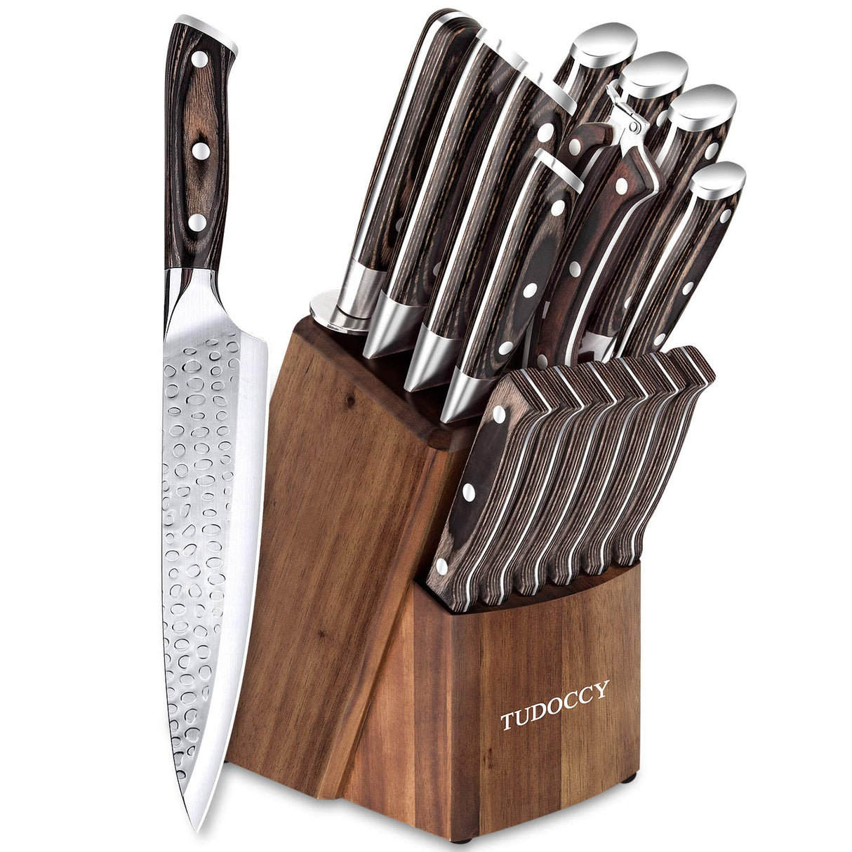 Kitchen Knife Set, 16-Piece Knife Set with Built-in Sharpener and Wooden Block, Precious Wengewood Handle for Chef Knife Set, German Stainless Steel Knife Block Set, Ultra Sharp Full Tang Forged Tudoccy
