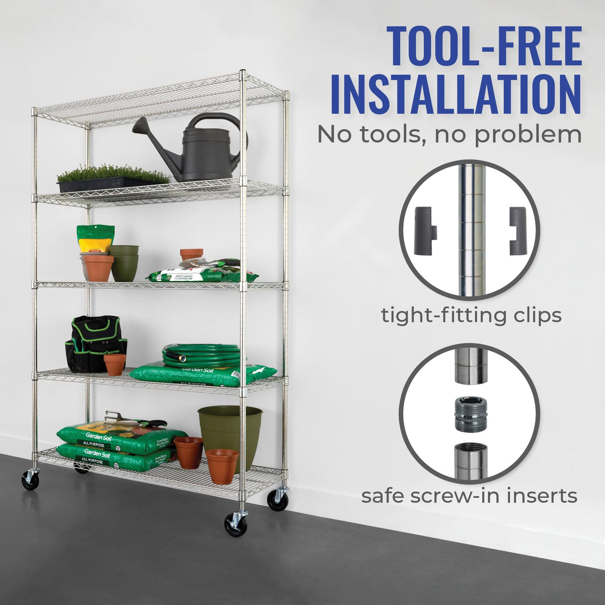 SafeRacks NSF Certified Storage Shelves, Zinc, Heavy Duty Steel Wire Shelving Unit with Wheels and Adjustable Feet, Garage or Bakers Rack Kitchen Shelving, Pantry Shelf - (18"x48"x72" 5-Tier) SafeRacks