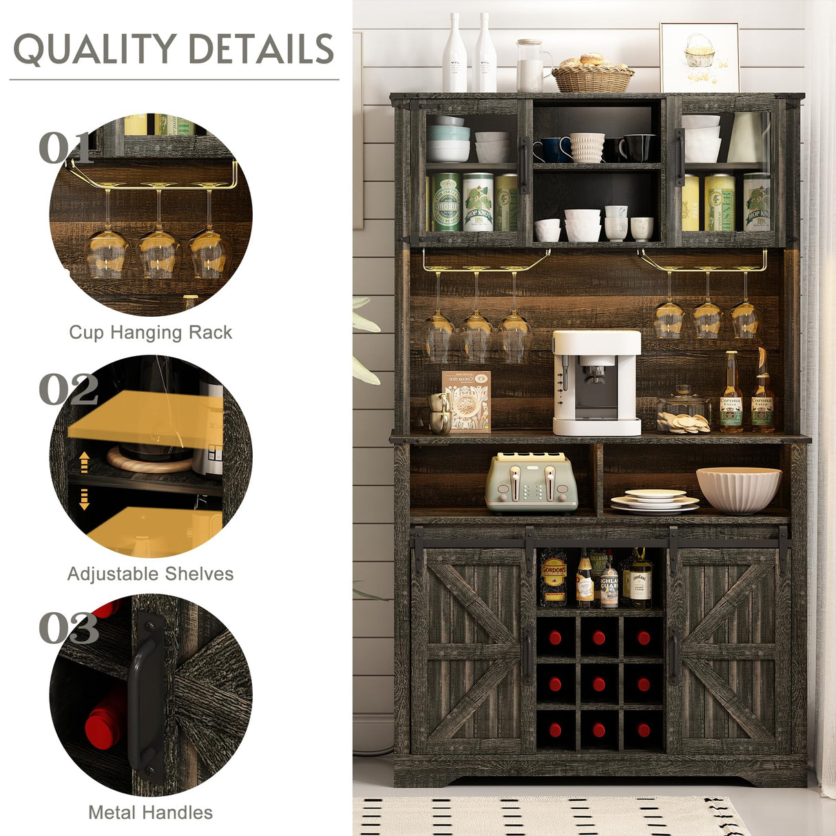 GlouMod Farmhouse Coffee Bar Cabinet with Sliding Barn Door, Buffet Cabinet with Hutch, Kitchen Pantry Cabinet with Power Outlet & Lighting, Tall Liquor Cabinet for Home Dining Room, Black GlouMod