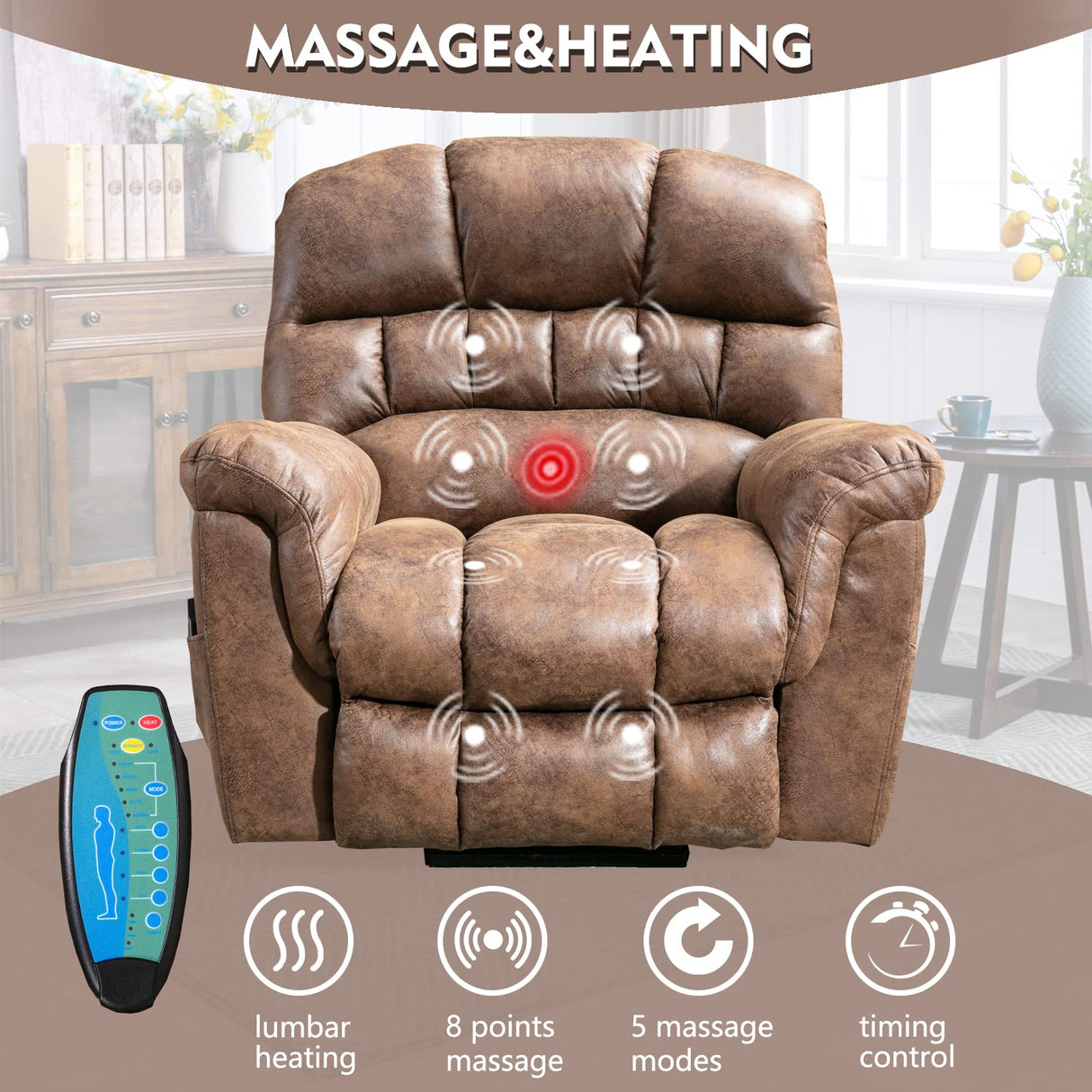 CANMOV Large Power Lift Recliner Chairs with Massage and Heat for Elderly Big People, Heavy Duty Electric Faux Leather Reclining Chairs with USB Port and 2 Side Pockets, Brown CANMOV