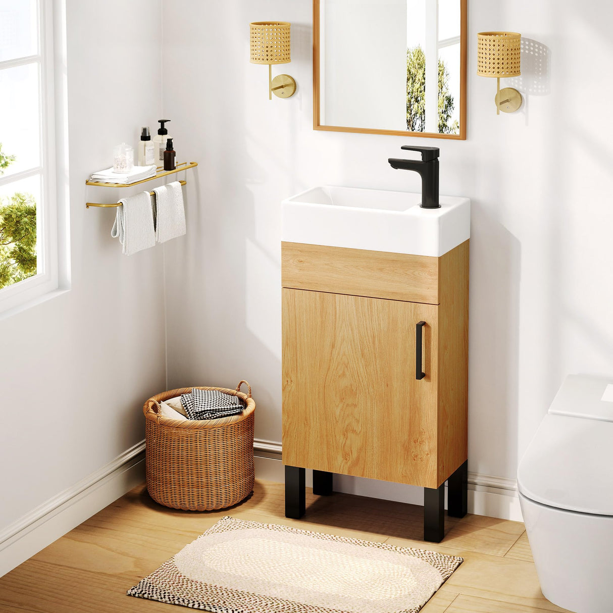 DWVO 16 Inch Bathroom Vanity Sink Combo for Small Space, Freestanding Bathroom Cabinet with Undermount Ceramic Sink, Modern Bathroom Storge Vanity Soft-Close Doors, Natural Brown DWVO