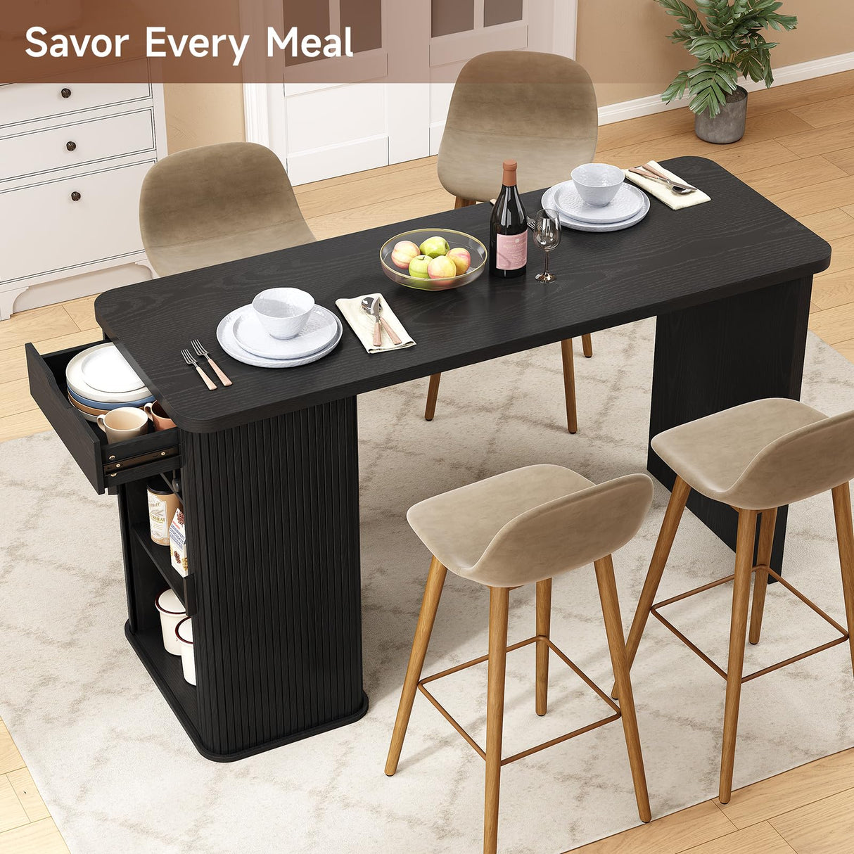 ONBRILL 59 Inch Kitchen Island with Storage, Fluted Counter Height Table, Mid-Century Modern Kitchen Island Table with Sliding Door, Home Bar Tables with Wine Rack and Drawers Black ONBRILL