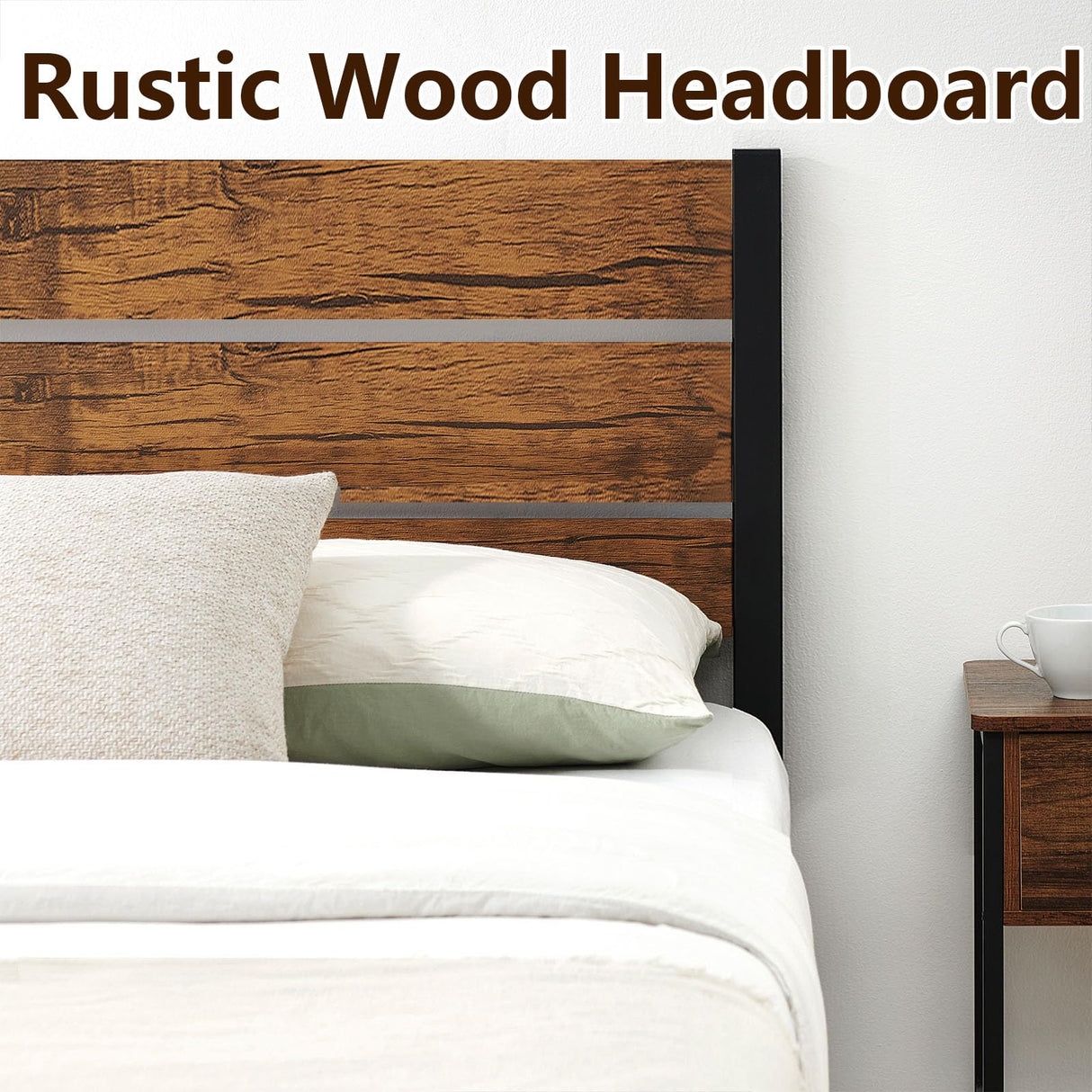 SunnyFurn Rustic Full Bed Frame with Headboard,Metal Platform Farmhouse Bed Frame Wood Slat,Sturdy Heavy Duty Bed Frame,No Box Spring Needed,Easy Assembly,Under Bed Storage, Rustic Brown, Full Size SunnyFurn