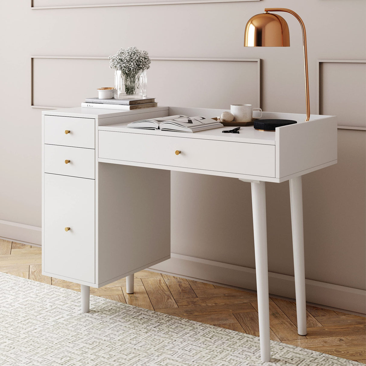 Nathan James Daisy Vanity Dressing Table or Makeup Desk with 4-Drawers and Brass Accent Knobs, White Wood Nathan James