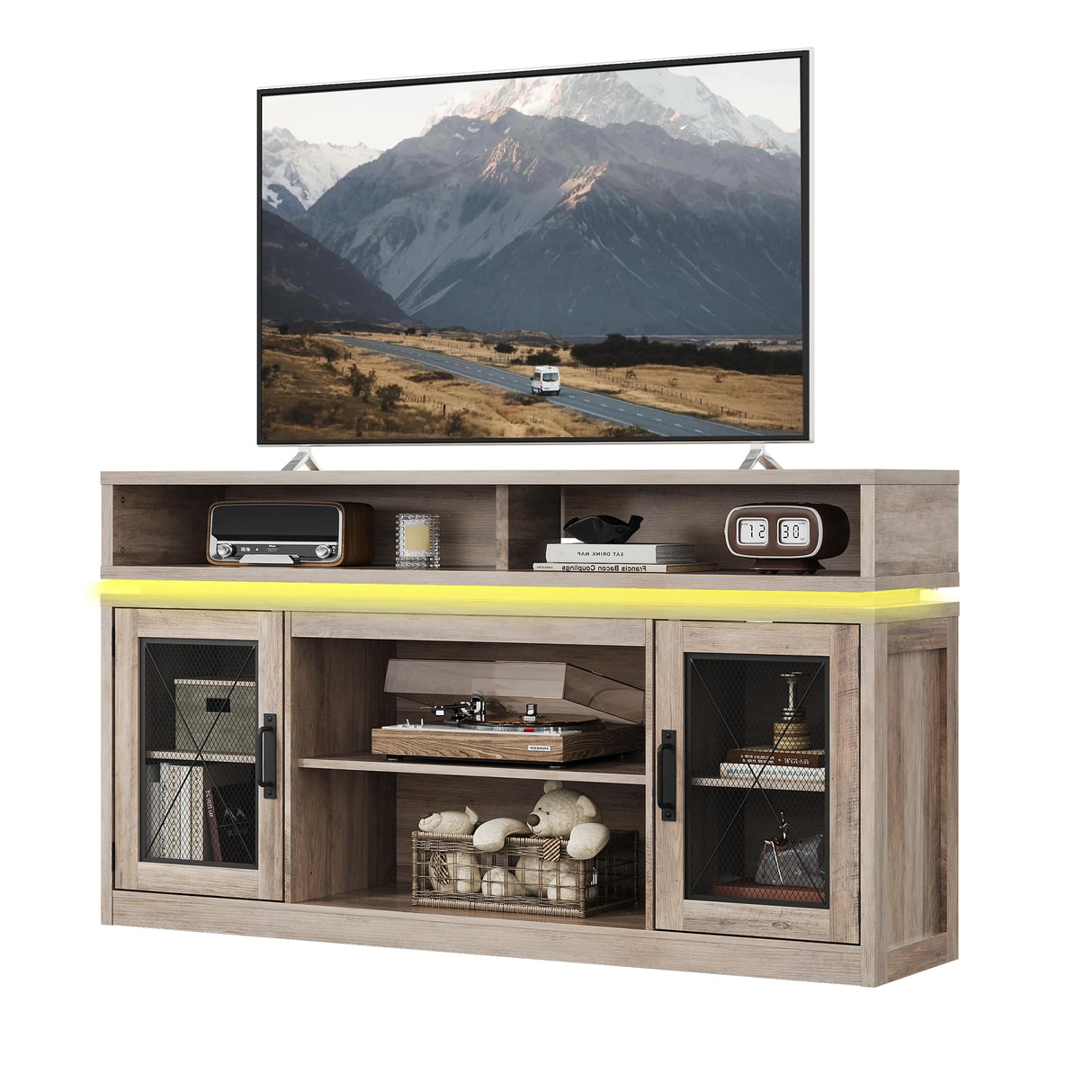WLIVE TV Stand up to 65 Inch TV, 59" Entertainment Center with LED, Tall Farmhouse TV Media Console with Storage Cabinets for Living Room and Bedroom, Grey WLIVE
