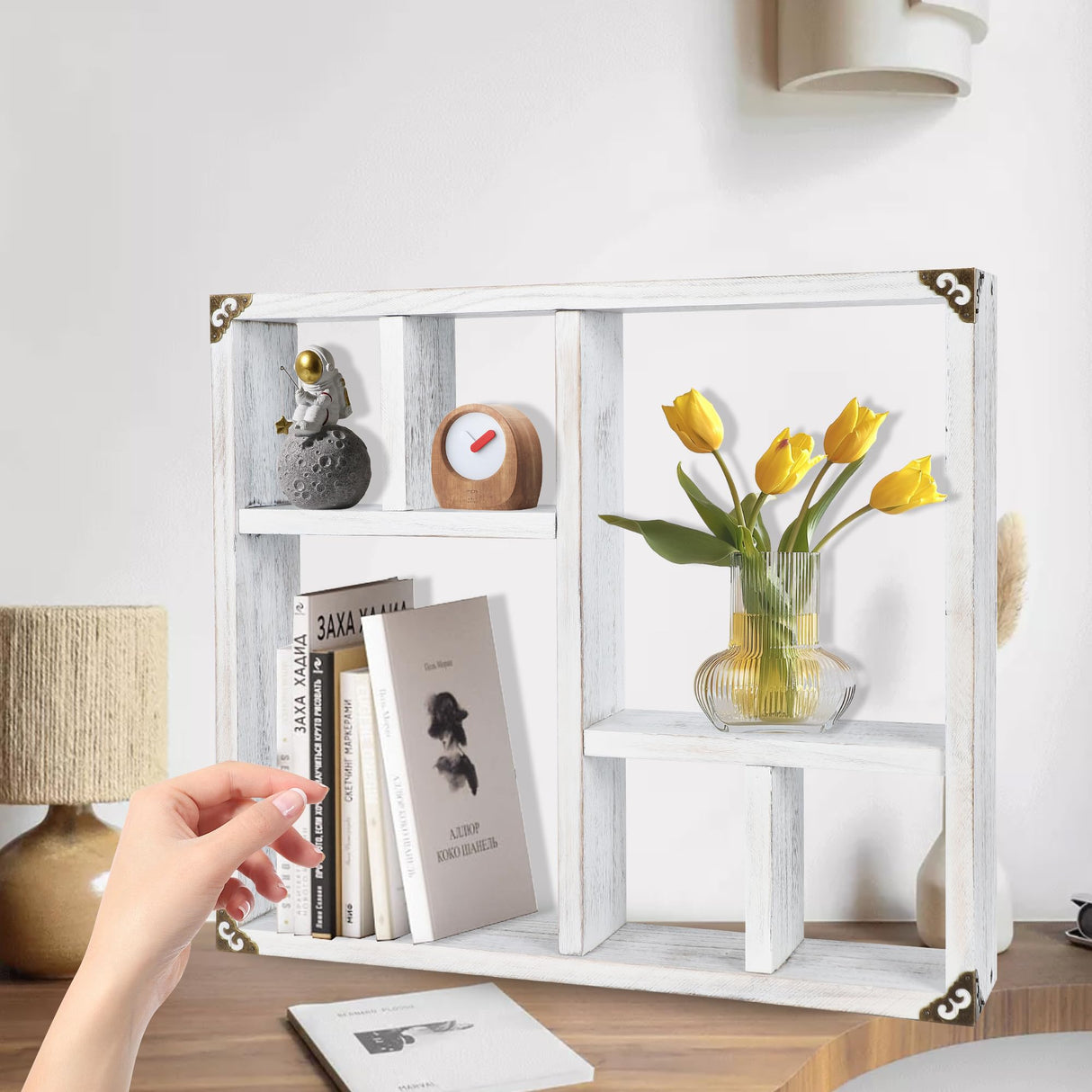 MITREL 17.7x15.7-Inch Shadow Box Display Shelf,6-Slot Rustic Floating Shelves,Larger Wood Trinket Shelf Freestanding Farmhouse Curio Shelf(6C-Rustic White) MITREL