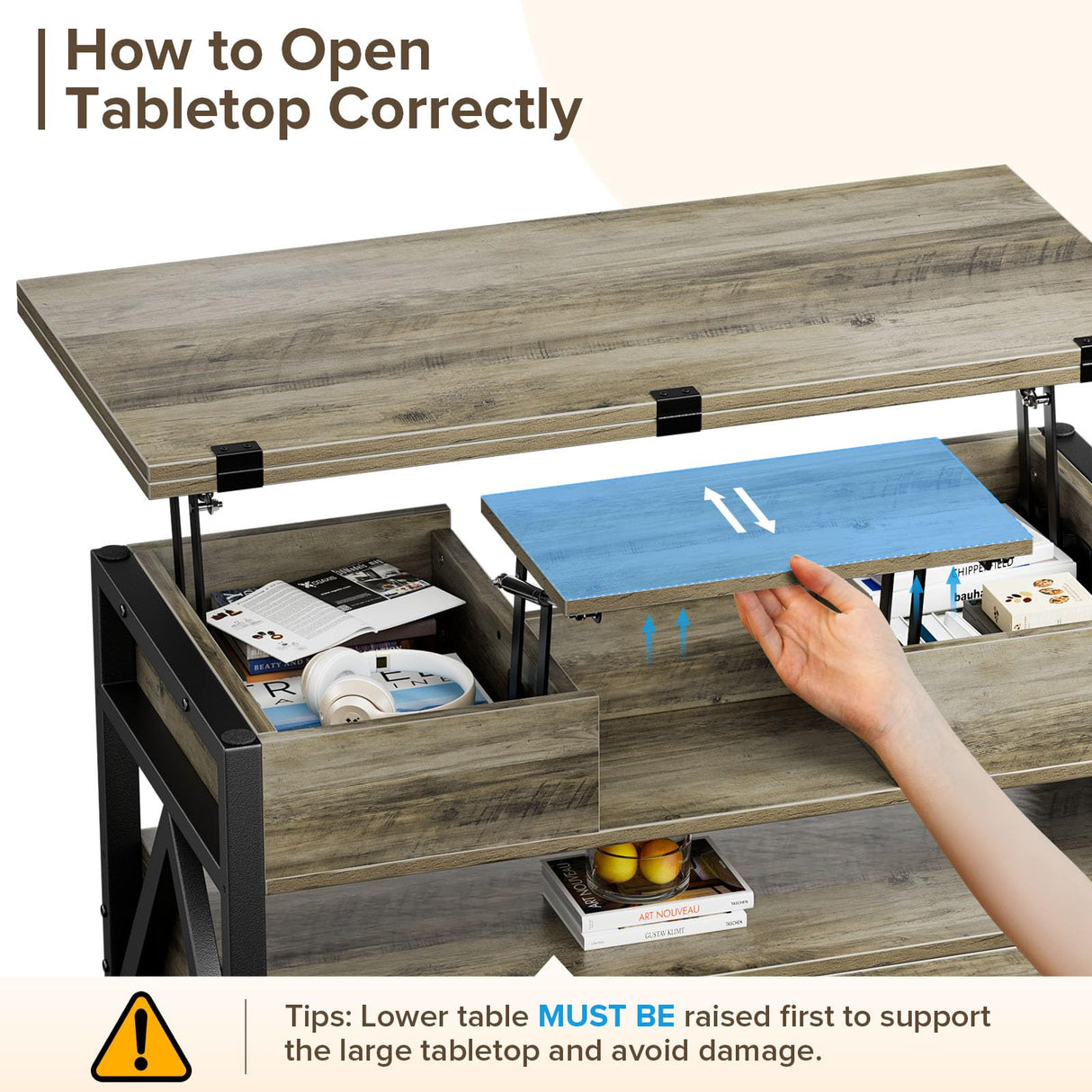 Memobarco 40" Lift Top Coffee Table,4 in 1 Multi-Function Lift Coffee Tables with Storage Drawers and Hidden Compartmen,Farmhouse Coffee Table with Lifting top for Living Room,Grey Memobarco