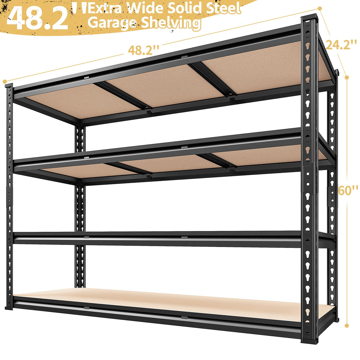 REIBII 48.2''W Garage Shelving Heavy Duty Shelving 2500LBS Storage Shelves Adjustable Garage Storage Shelf 4 Tier Metal Shelves for Storage Rack Industrial Metal Shelving Unit, 48.2"W X 24.2"D X 60"H REIBII