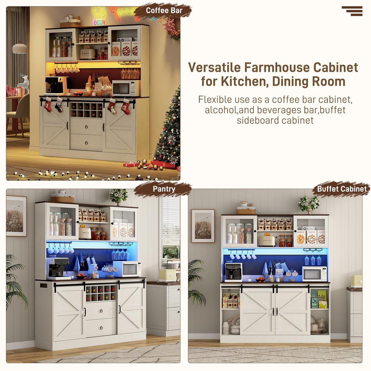 74" Tall 63" Wide Large Coffee Bar Cabinet w/ Outlet,6000-color LED Light,Pegboard,Farmhouse Hutch Cabinet w/Barn Door,2 Big Drawers,Adjustable Shelves,10 Wine & Glasses Rack,5 Hook for Kitchen,White chartustriable