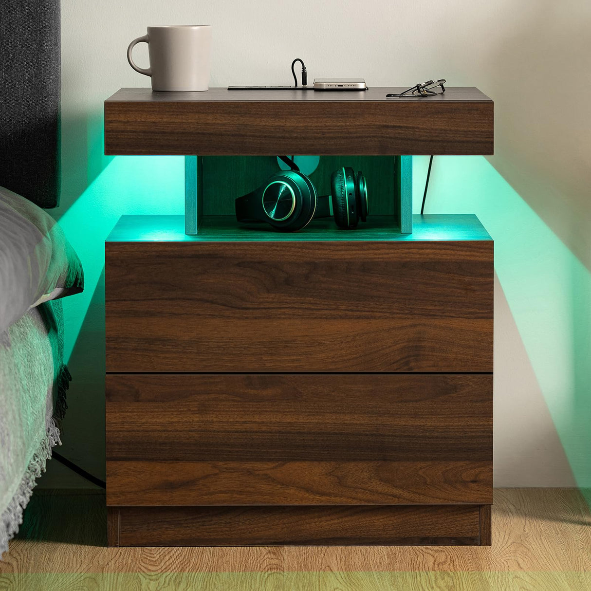 HOMMPA LED Nightstand with Wireless Charging Station Dark Walnut Wood Bedside Table with Led Light Smart Nightstand USB Port Type C Night Table with 2 Drawers Mid Century LED Night Stand for Bedroom HOMMPA