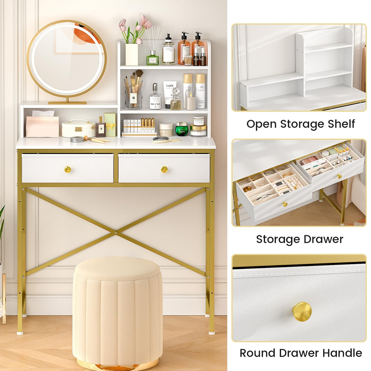 Makeup Vanity Desk No Mirror for Bedroom, Vanity Table Set with 2 Drawer and Open Storage Shelves, Small Vanity for Small Spaces, White and Gold, 31.5in(L) ThreeHio