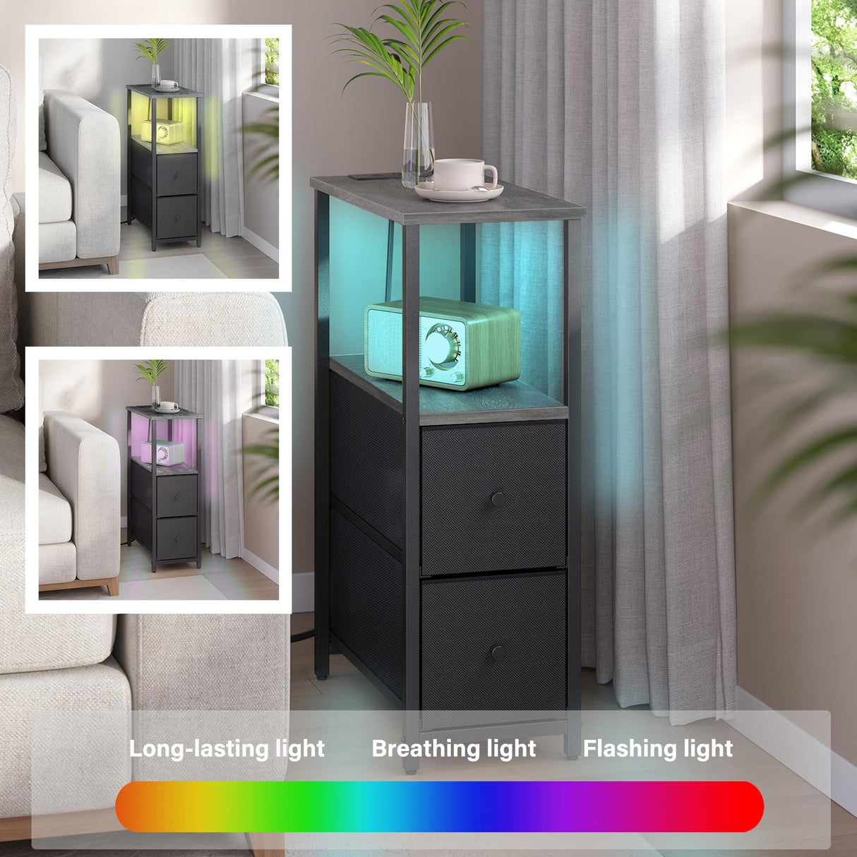 TUTOTAK Small Narrow LED End Table with Charging Station, Side Table Outlets, Nightstand with 2 Cloth Drawers, Set of 2, Couch Table, for Living Room, Bedroom, Bedside, Charcoal Grey TB01BY056 TUTOTAK