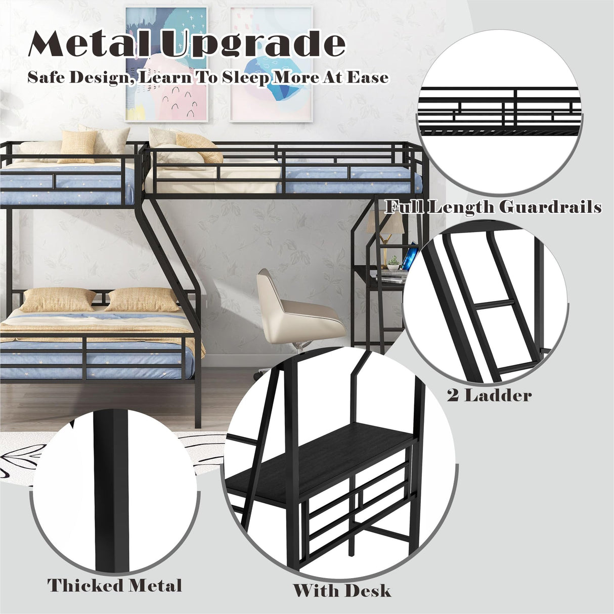 SOFTSEA L-Shaped Metal Bunk Bed with Desk for 3 Kids Twin Over Twin Over Full Triple Bunk Bed with Twin Loft Bed and Ladder, No Box Spring Needed SOFTSEA