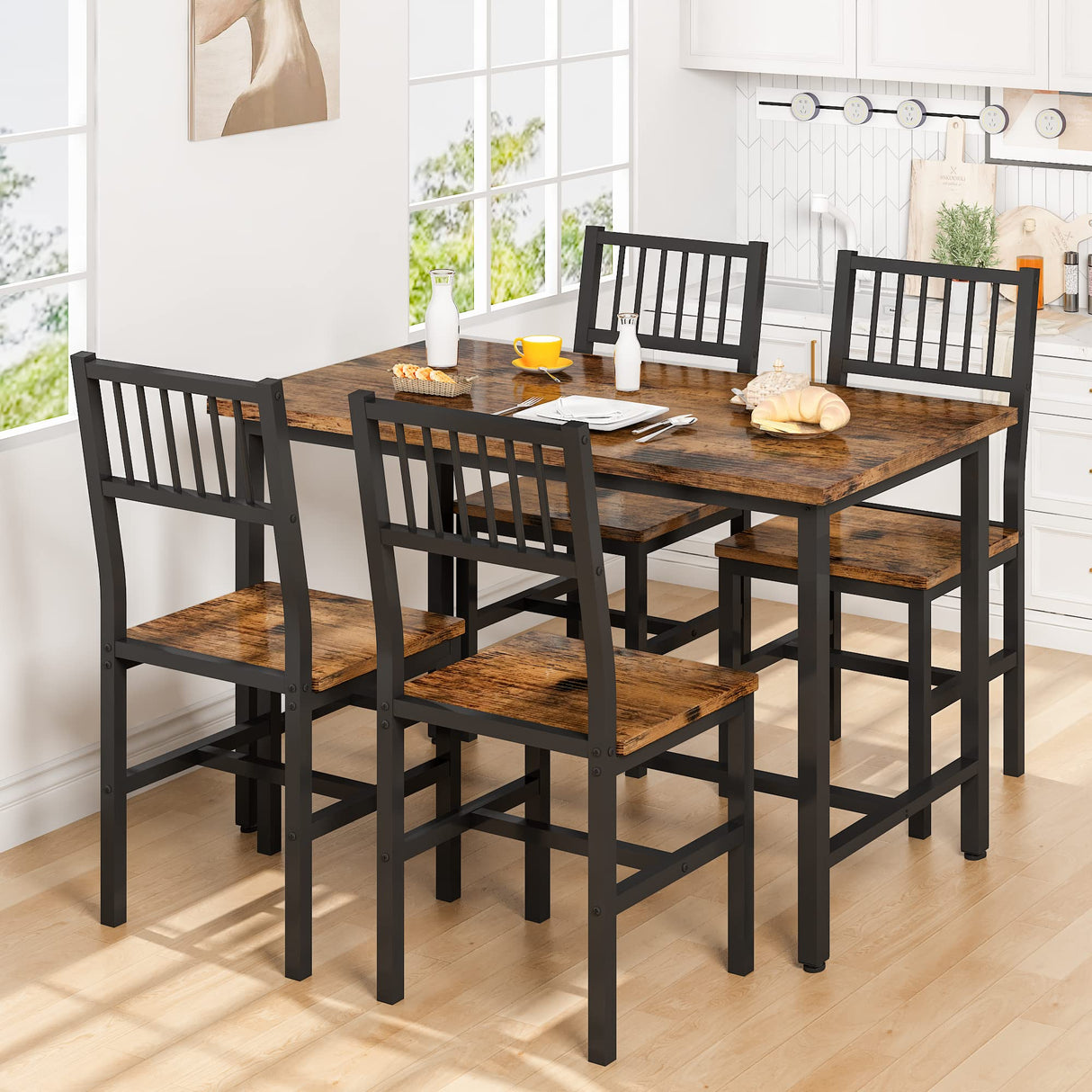 AWQM 5 Pieces Dining Table Set, Industrial Dining Table and Chairs for 4, Metal Frame with Wood Top, Kitchen Table Set for Dining Room, Breakfast Nook, Small Space, Rustic Brown AWQM