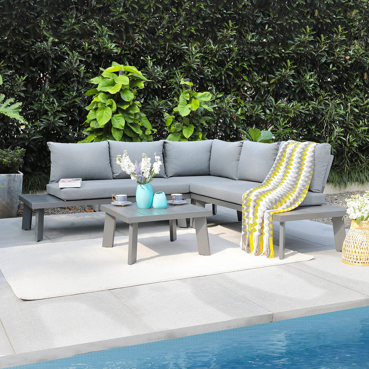 Soleil Jardin 4-Piece Outdoor Patio Furniture Set L-Shaped Aluminum Sectional Sofa with Coffee Table All-Weather Patio Conversation Set with Cushions, Dark-Grey Soleil Jardin