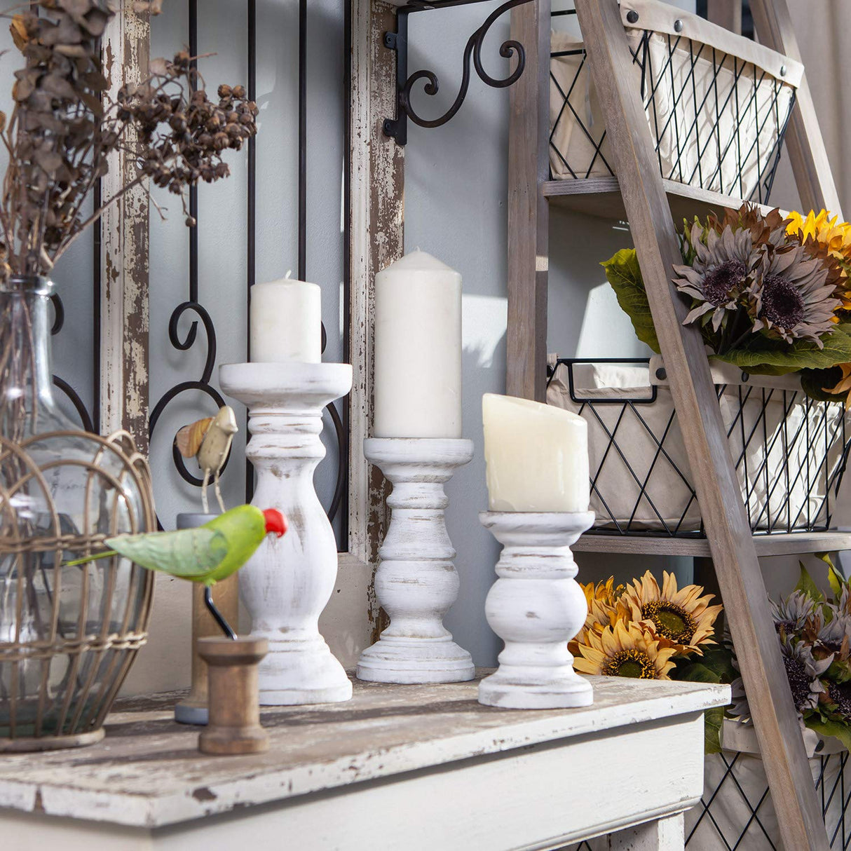 NIKKY HOME Pillar Candle Holder Set of 3 - Farmhouse Wood Candle Stand, Mantle Decor Centerpieces for Fireplace, Living or Dining Room Table, Distressed White NIKKY HOME