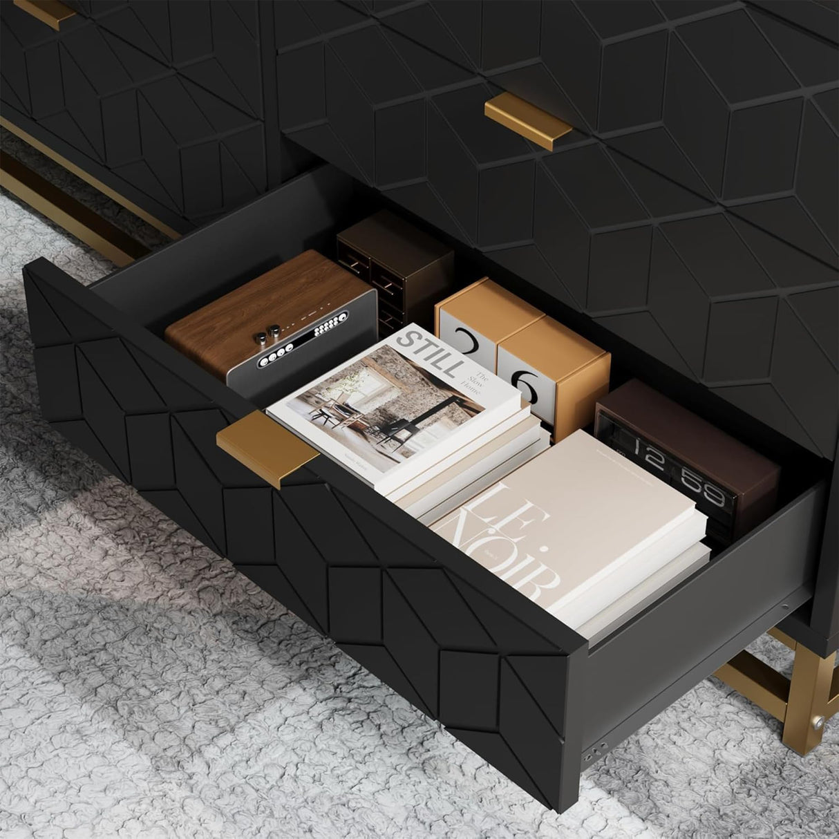 Dresser for Bedroom, 53.5" Large Dresser Organizer, 6 Drawer with Golden Metal Handle and Legs, Modern Chest of Drawers, Black Dressers with Drawers for Closet, Hallway, Living Room, Entryway GAOMON