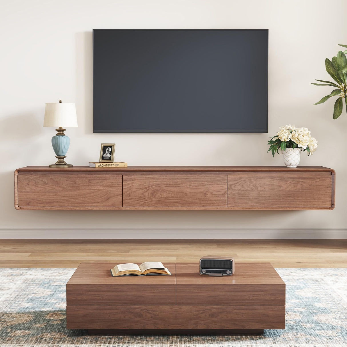 Modern Walnut TV Stand - Mid Century Floor or Floating TV Console, Versatile Entertainment Center with 3 Drawers Fits 65-75-85 Inches TV for Living Room (78.74") Etelifrank