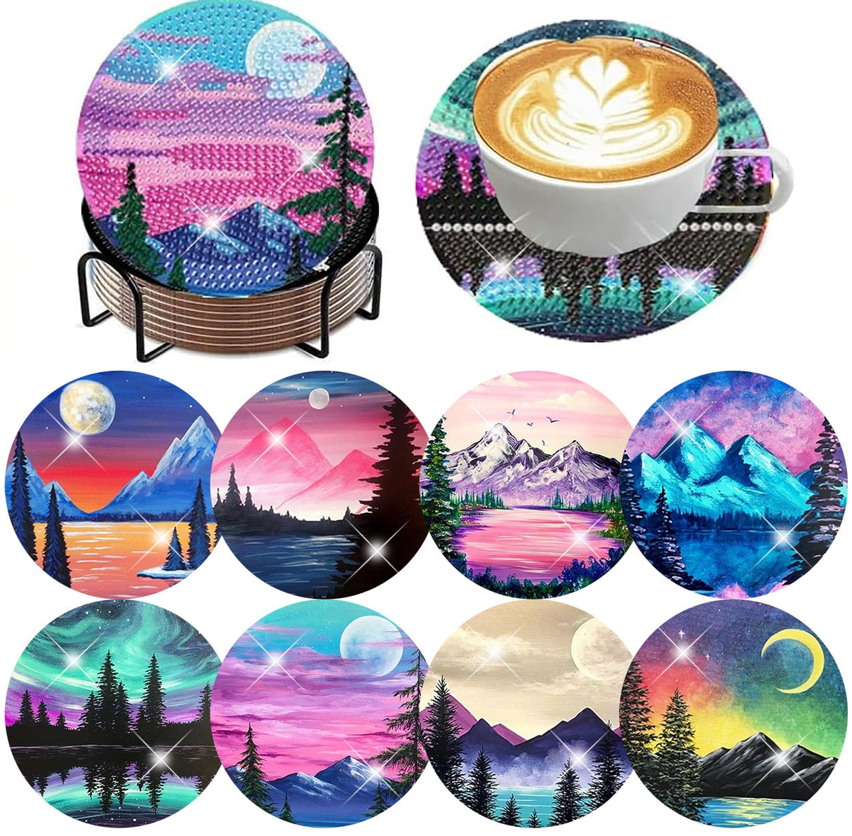 ijbnhd Sunsets Diamond Painting Coasters Kits, 8 Pieces Sunsets Diamond Art Coasters with Holder, DIY Art kit for Beginners 4X4inch (Cork Wooden Pad) ijbnhd