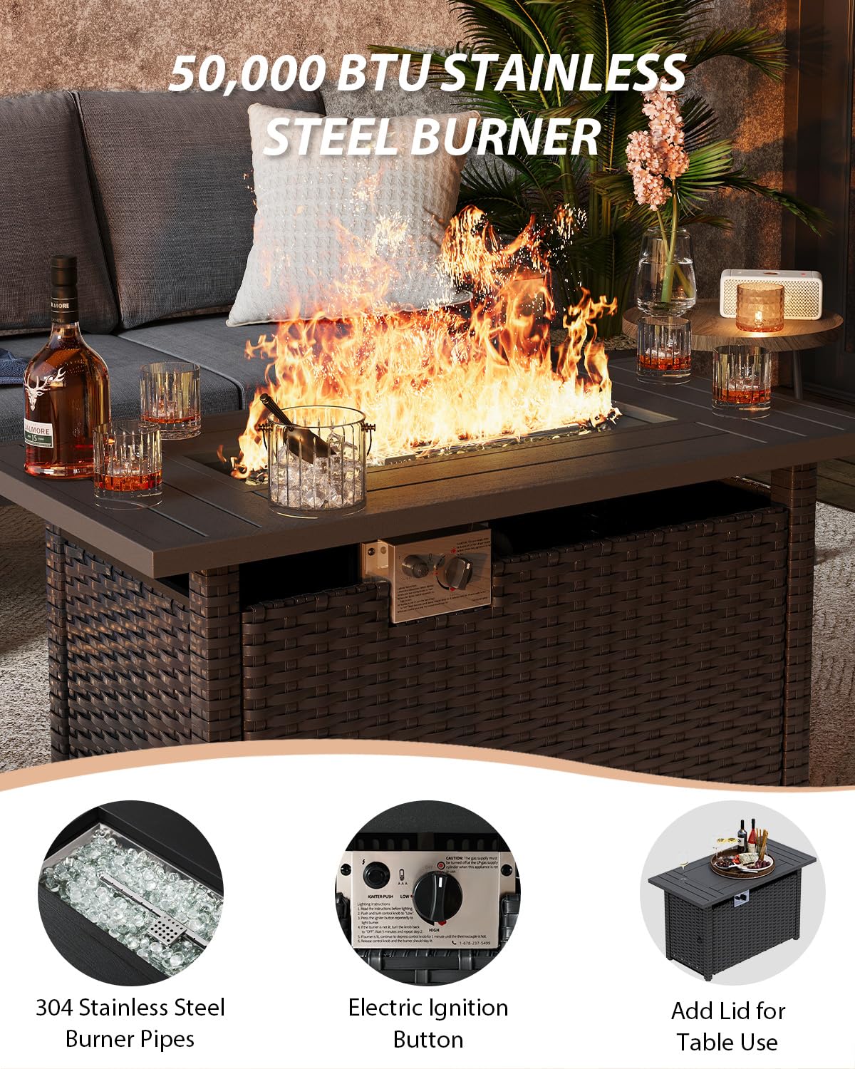 Aoxun Aluminum Outdoor Patio Furniture Set, 8-piece Outdoor Sectional with 44'' Propane Gas Firepit Table, Patio Conversation Sets with Upgraded Armrests and Cushions for Backyard, Garden and Poolside Aoxun