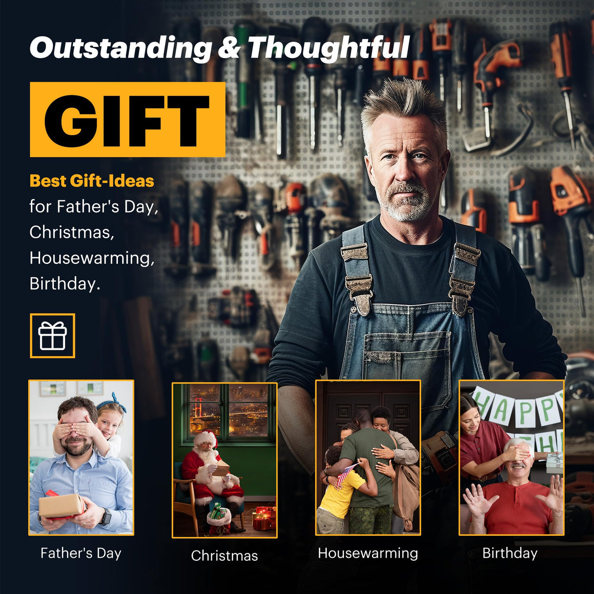 Spampur Power Tool Organizer with Charging Station, 8 Drill Holder Wall Mount, 4 Layer Storage Rack for Garage storage, Heavy Duty Utility Racks, Tool Battery Shelf with 6 Outlet Power Strip Spampur