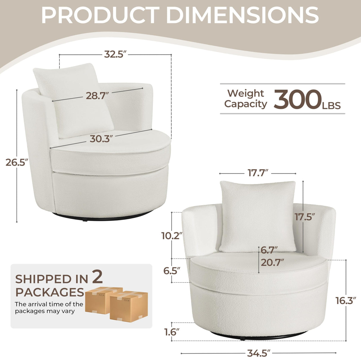 Yaheetech Swivel Barrel Accent Chair, 360 Degree Swivel Round Chairs with Removable Throw Pillow, Soft Boucle Single Arm Sofa for Living Room Bedroom Reading, White Yaheetech