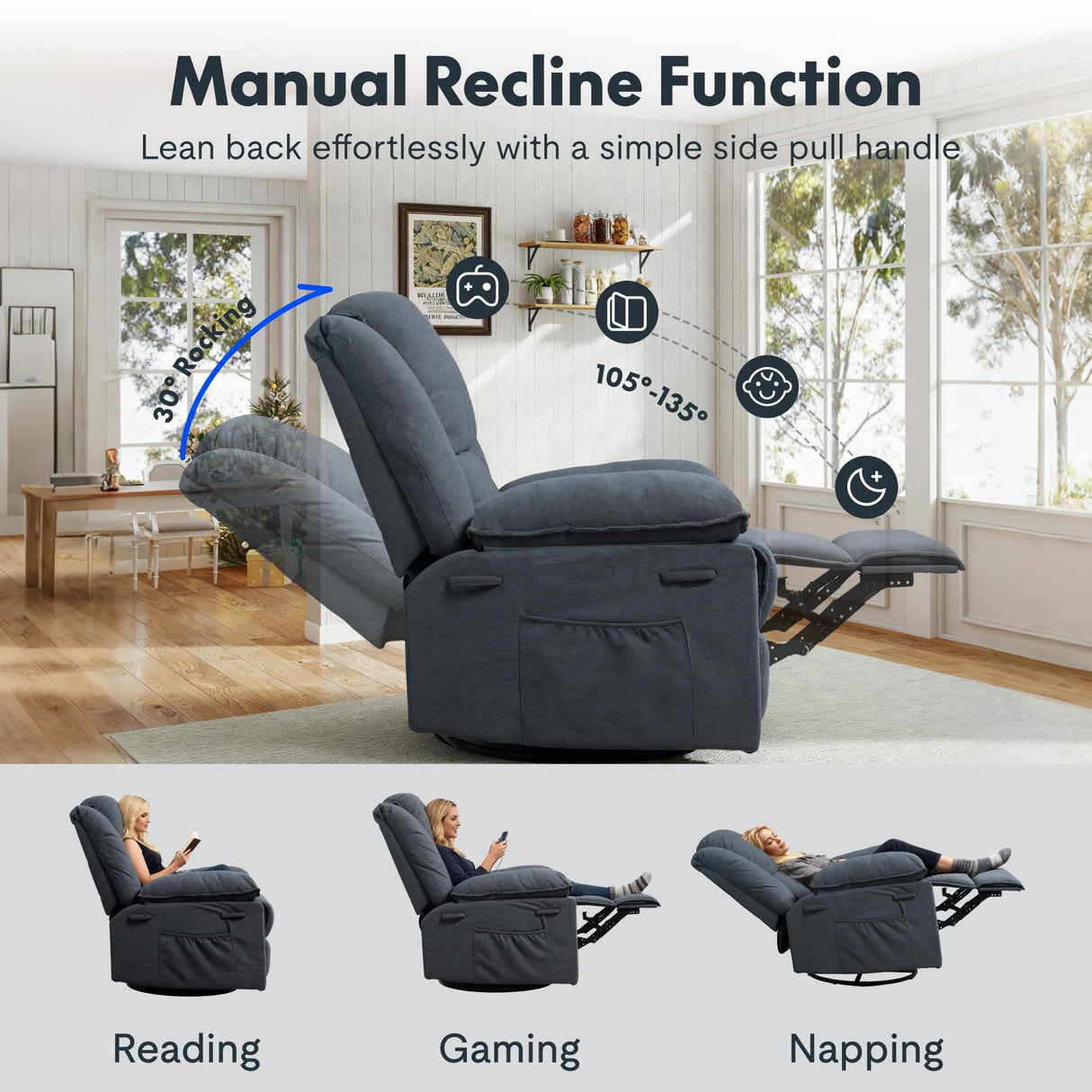 Softa 360° Swivel Rocker Recliner with Massage & Heat for Adults, Manual Rocking Chair with USB Port & Side Pocket, Swivel Glider Recliner for Living Room Apartment Small Spaces (Blue Gray) Softa