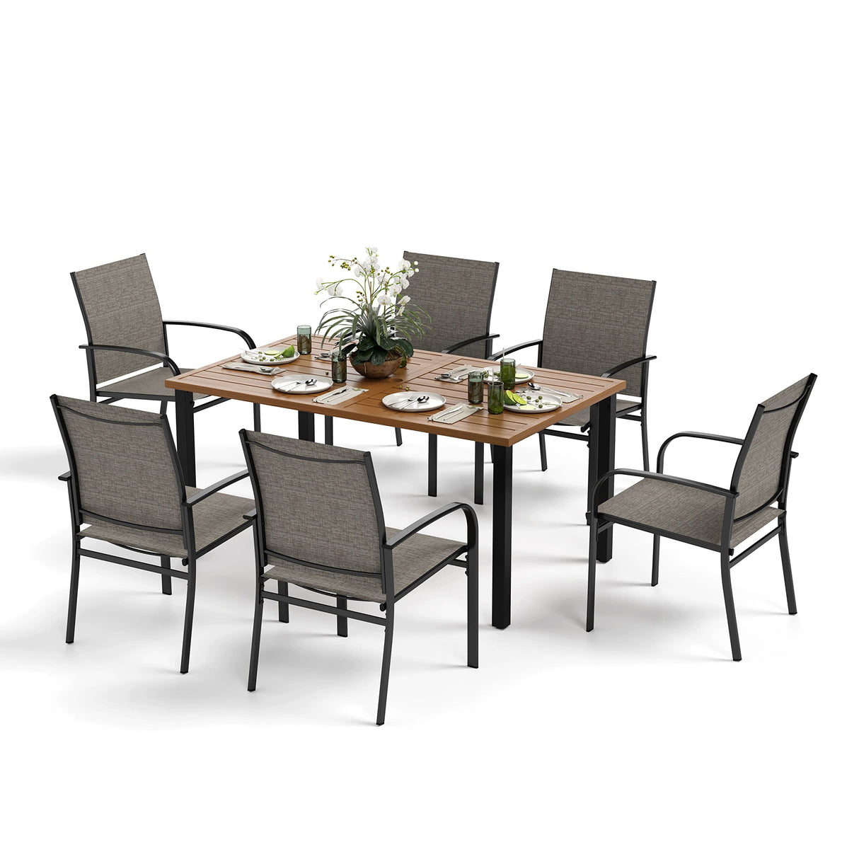 MIXPATIO 7-Piece Outdoor Dining Set 6 Brown Textilene Chairs and Teak Color Tabletop Outdoor Dining Table with 1.57"~2" Umbrella Hole for Deck Garden Backyard MIXPATIO