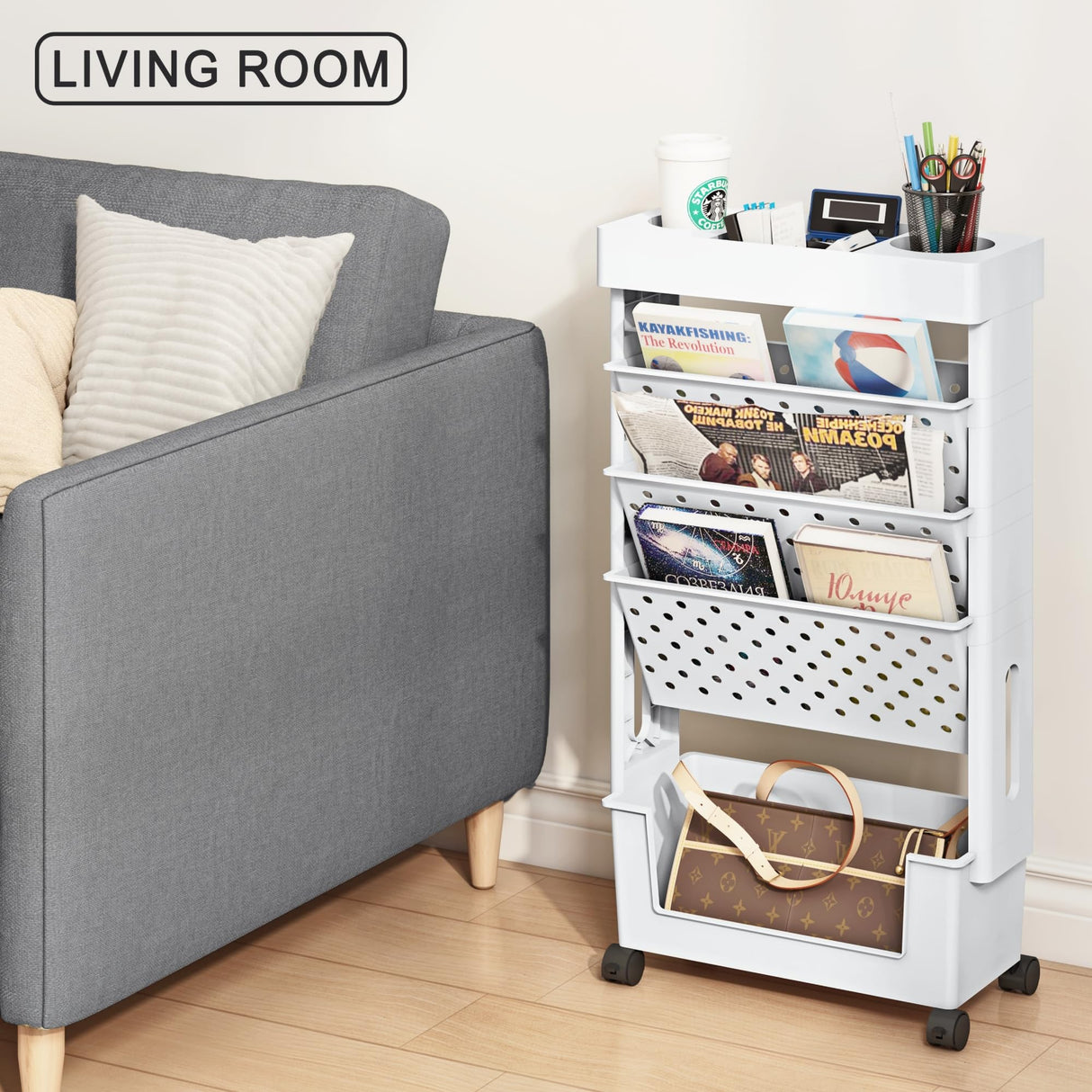 yeavs 5-Tier Mobile Bookshelf, Rolling Bookcase Book Storage Rack, Movable File Folder Organizer Cart with Wheels for Home Study Office Living Room Classroom, White yeavs
