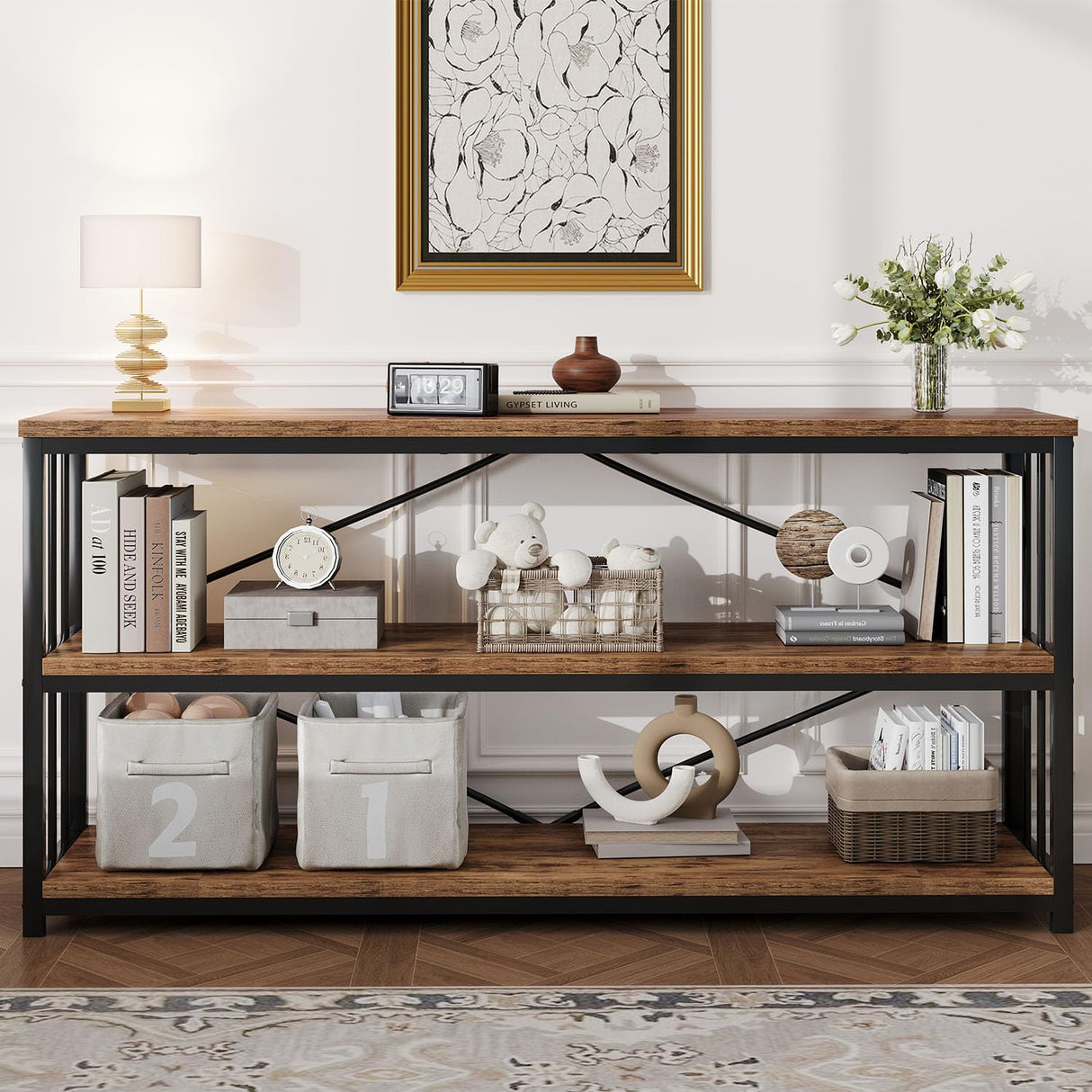 HSH Low Bookshelf, Industrial Wood 3 Tier Extra Long Horizontal Bookcase, Wide Open Metal Large Book Shelf for Bedroom Living Room, Rustic Brown, 70 Inch HSH