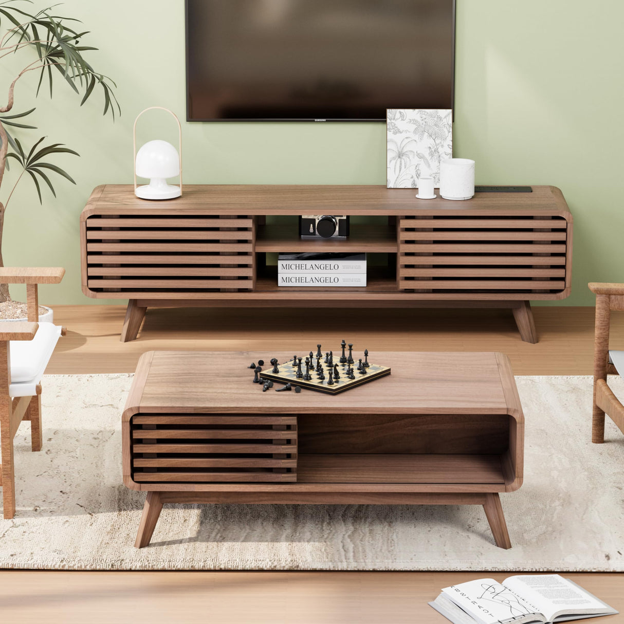 Royal Windsor Modern TV Stand for Living Room, Media Console Cabinet with Socket, Large Entertainment Center with Storage, TV Table with Slatted Sliding Doors and Open Shelves, Reddish Brown Royal Windsor