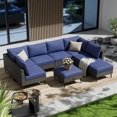 LVUYOYO 8 Pieces Outdoor Patio Furniture Set, Wicker Sectional Sofa Set for All-Weather, Rattan Conversation Sets with Cushions and Storage for Deck, Backyard, Porch (Grey)