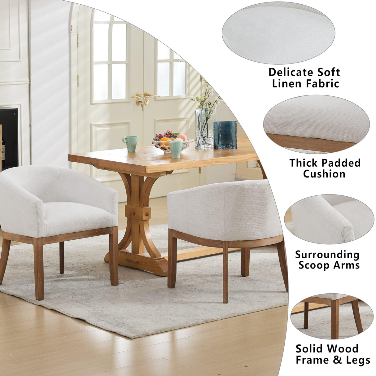 OIKIIWOO Upholstered Solid Wood Dining Chairs Set of 2,Neutral Linen Fabric Side Chair for Kitchen,Living Room,Farmhouse Round Barrel Chairs,Minimalist Accent Chairs Natural Wood Frame OIKIIWOO