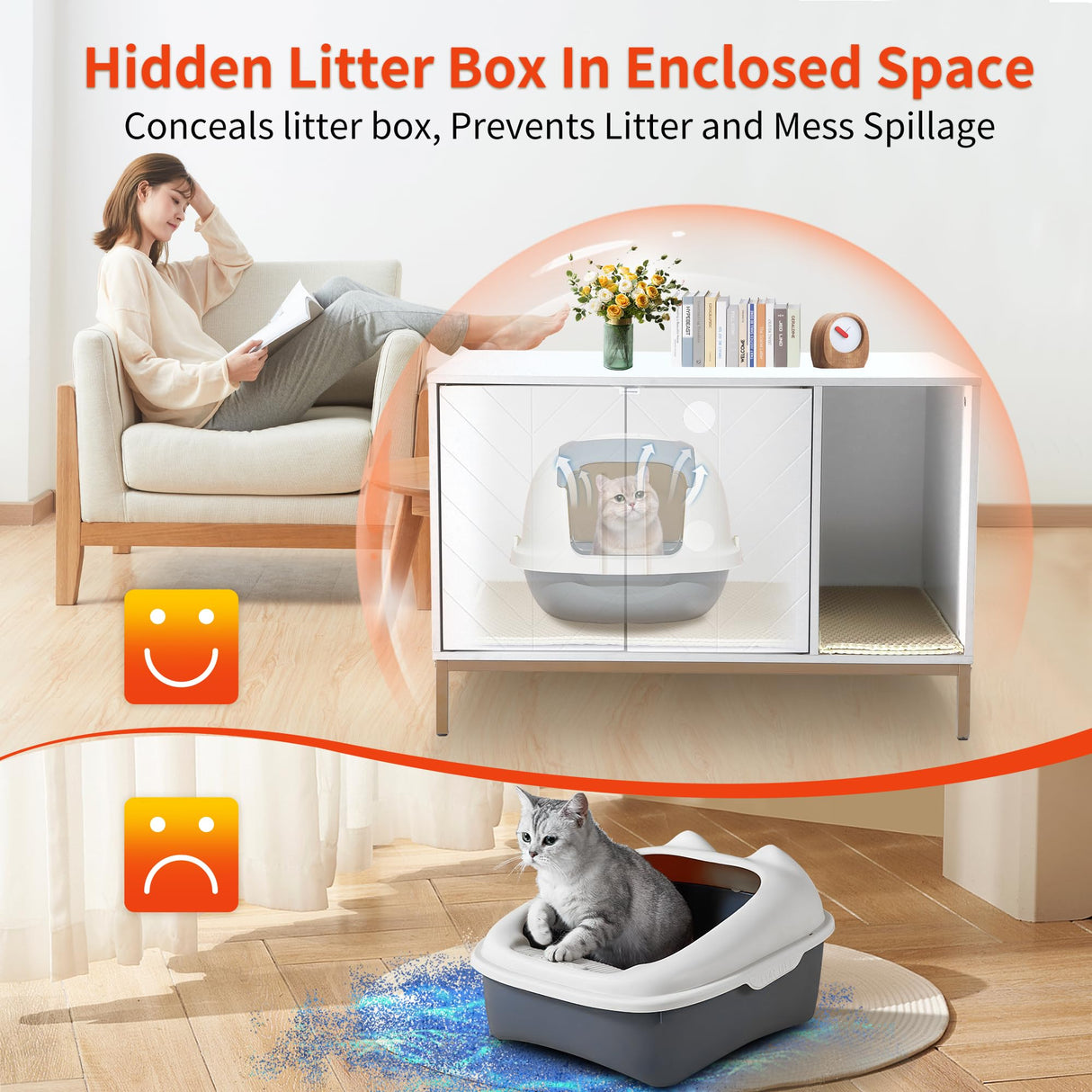 Hersinsem Cat Litter Box Enclosure Furniture with Double-Layer Litter Mat,Designer-Crafted Litter Box Furniture,Hidden Litter Box Serve as Side End Table&TV Table Fits Most Litter Boxes HERSINSEM