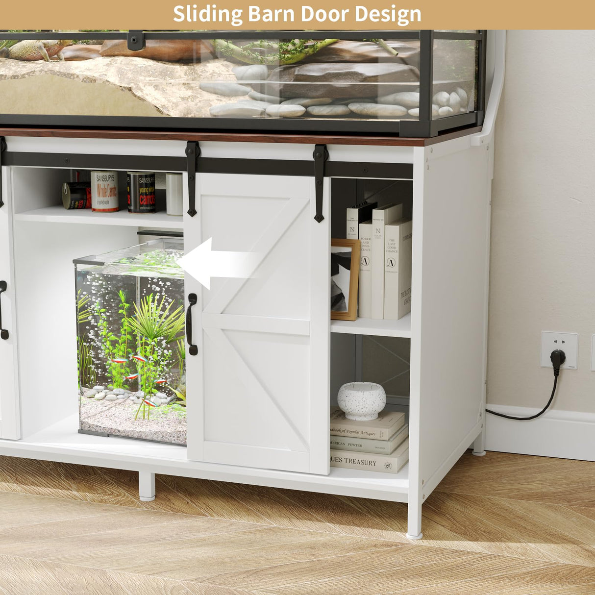 VOWNER Farmhouse Reptile Tank Stand with Power Outlet, 48" X 24" Tabletop Fits up 120 Gallon Bearded Dragon Tank, Heavy Duty Aquarium Stand with Storage Cabinet, Reptile Turtle Terrarium Stand White VOWNER