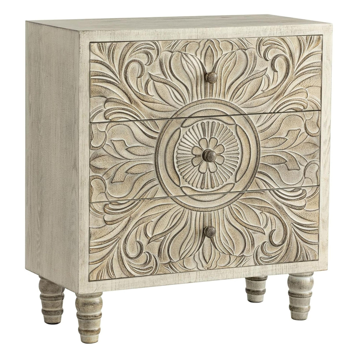COZAYH 3-Drawer Bedroom Dresser with Carved Floral Front, Distressed Weathered White Finish – Rustic, Boho, French Country, Farmhouse Nightstand with Smooth Glide Storage Drawers COZAYH