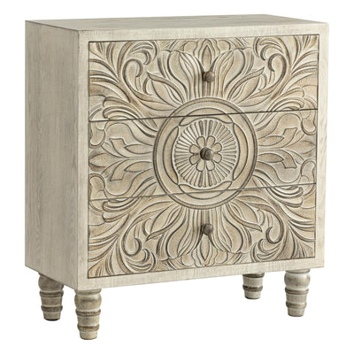 COZAYH 3-Drawer Bedroom Dresser with Carved Floral Front, Distressed Weathered White Finish – Rustic, Boho, French Country, Farmhouse Nightstand with Smooth Glide Storage Drawers