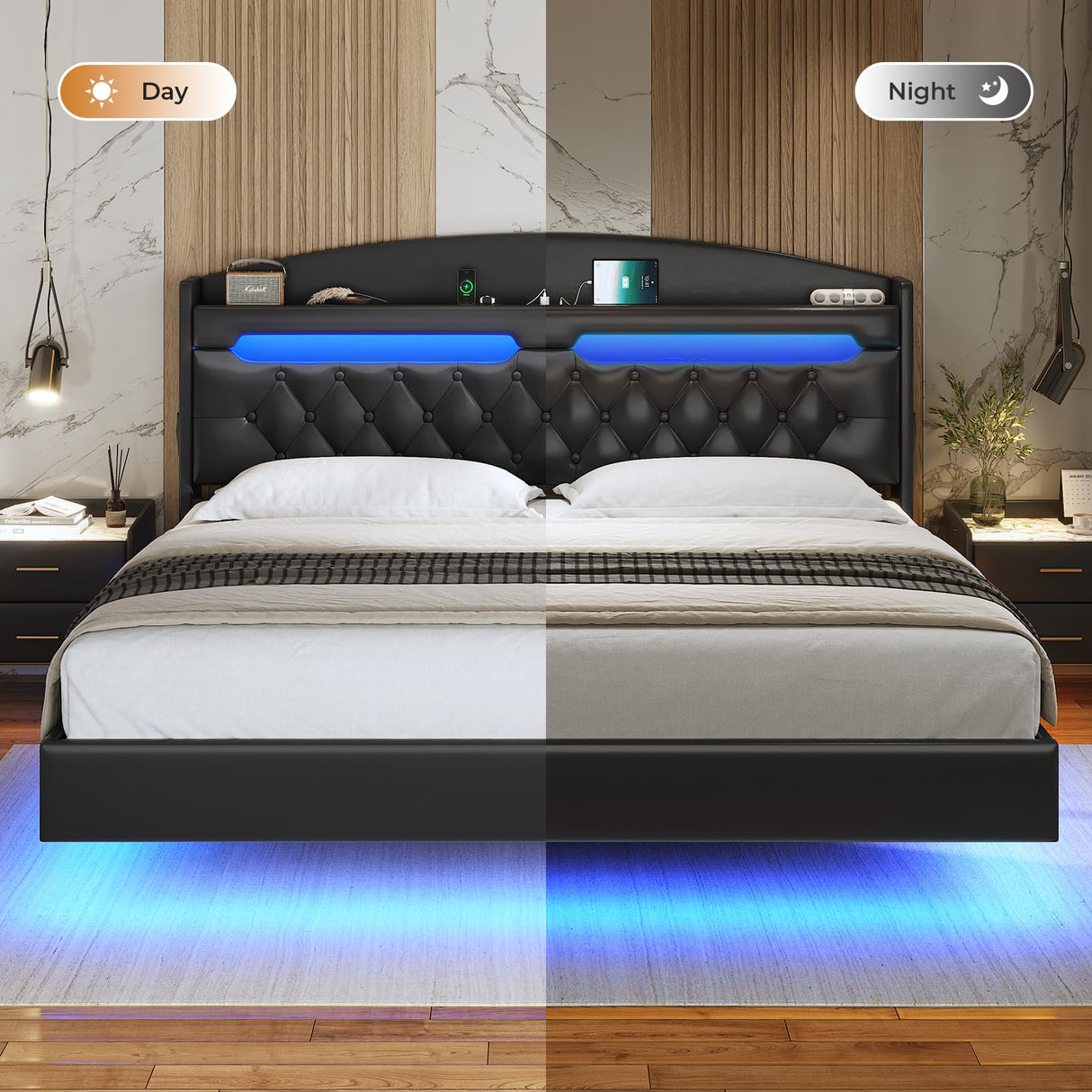 ADORNEVE King Floating Bed Frame with Hidden Storage Headboard and RGB LED Lighting ADORNEVE
