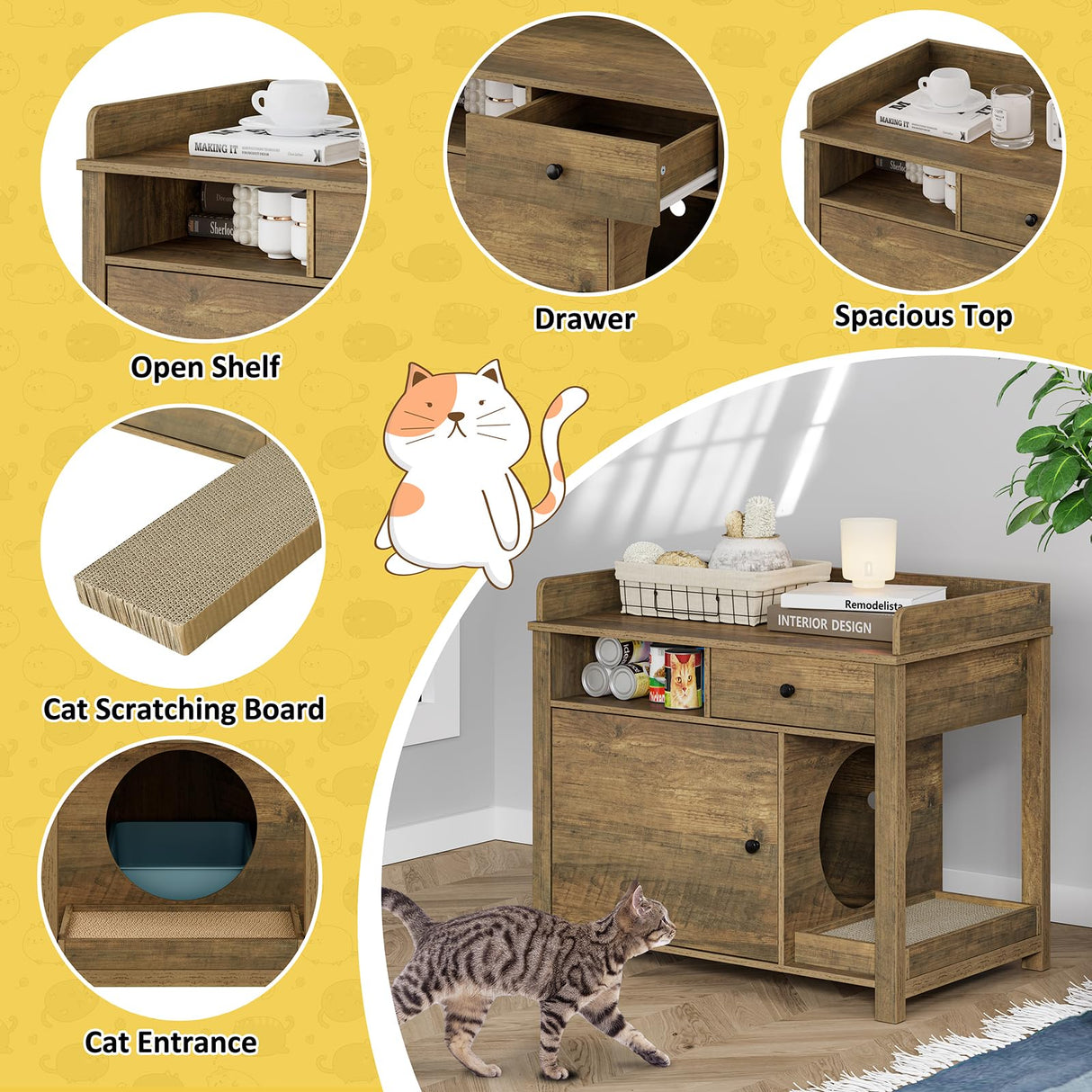 Cat Litter Box Enclosure Furniture,Llitter Box Enclosure with Shelves and Scratcher,Wooden Cat Litter Cabinet with Drawer,Cat Furniture Litter Box Lomojo