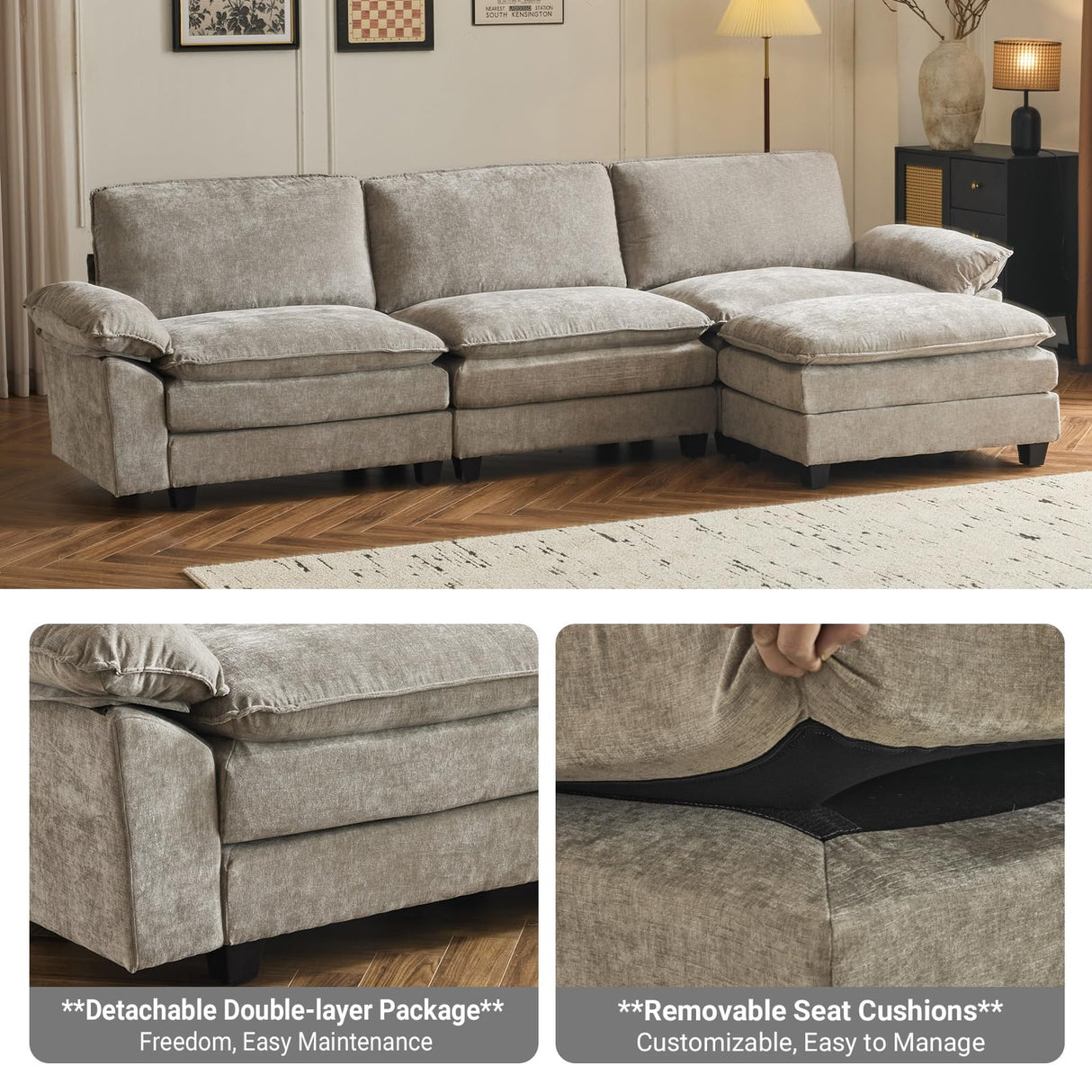 VINGLI 122" Cloud Double-Layer Deep Convertible Sectional Sofa, Comfy L-Shape 3-Seat Couches for Living Room, Modern Couch with Movable Ottoman for Small Space, Light Grey, Chenille VINGLI