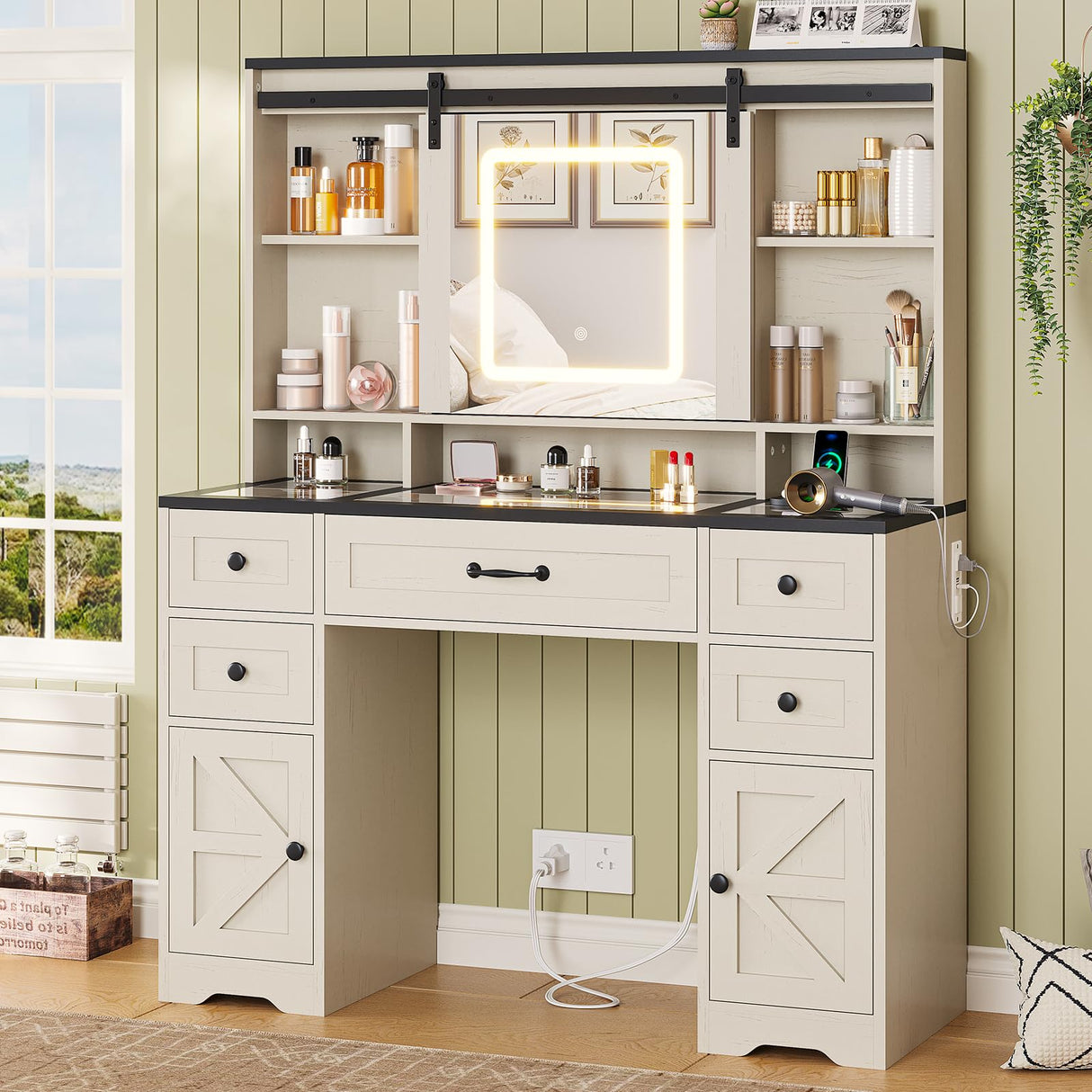 BTHFST Farmhouse Vanity Desk with Sliding Mirror and Lights, Large Makeup Vanity with Glass Top & Charging Station, Vanity Table with 5 Drawers & Shelves & Cabinets, Antique White BTHFST