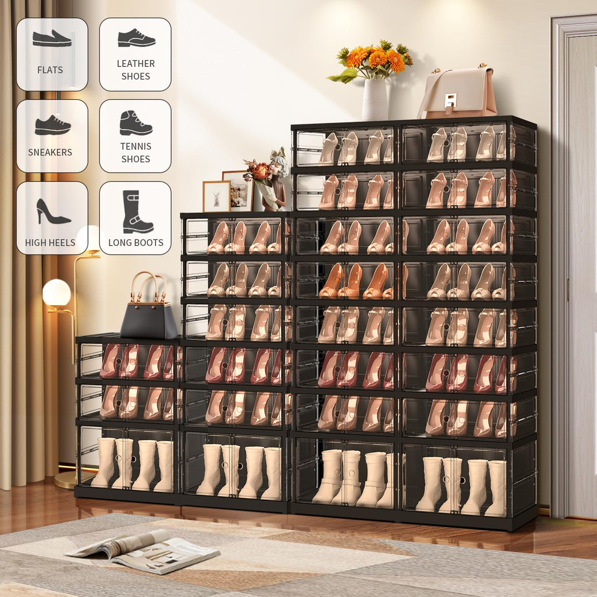 EHAMILY 10 Tiers 20-40 Pairs Foldable Shoe Boxes Large Plastic Shoe Storage Rack Collapsible Shoe Organizer for Closet Clear Stackable Shoes Shelf Storage Cabinet with Doors Quick Assembly Black EHAMILY