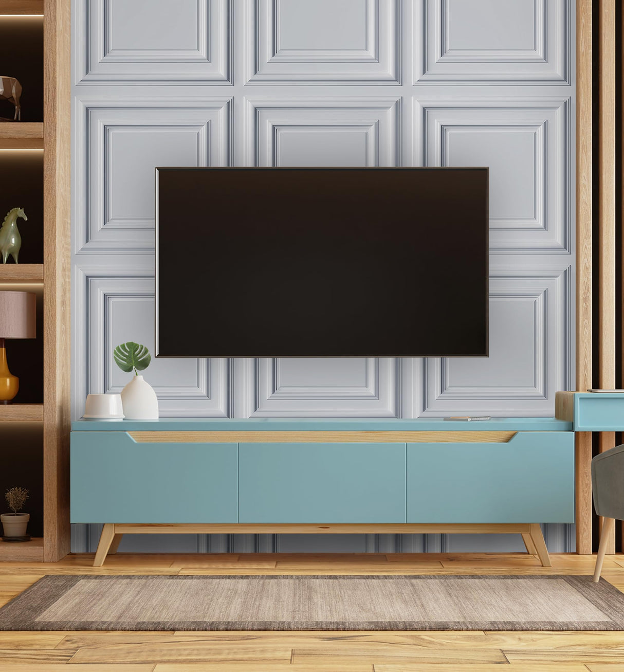 AMAZING WALL Home Non-3D Grey White Wooden Pattern Wall Panel PVC with Frosted Film Self Adhesive Peel and Stick Decoration for Living Room/Bedroom 11.8x11.8 8pcs/Set AMAZING WALL