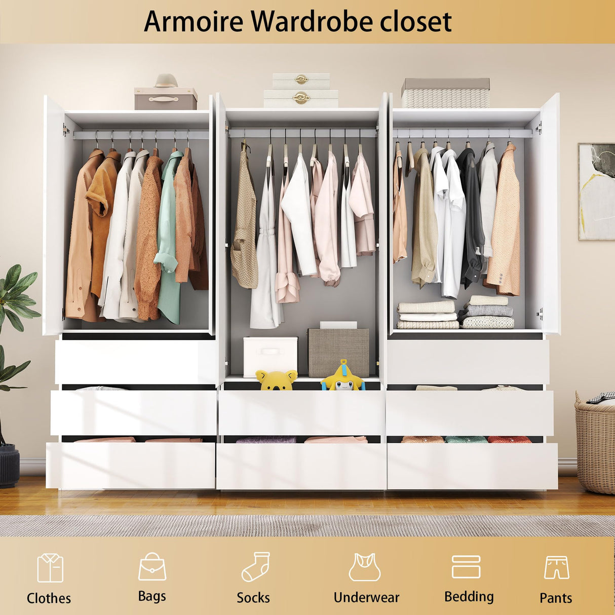 LABROSKIA Wardrobe Closet with 6 Doors: 75" White Armoire with 8 Drawers, Wooden Wardrobe for Hanging Clothes, Tall Storage Cabinet with Shelves and Hanging Rod (B+B+A, 94.5") LABROSKIA